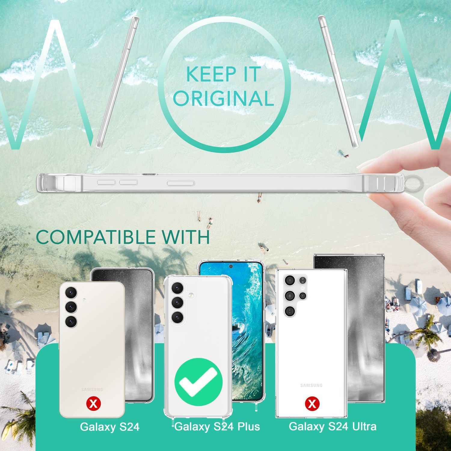 NALIA Klare Schutzhülle mit Kette für Samsung Galaxy S24 Plus Hülle, Transparente Stabile Handyhülle mit Umhänge-Band