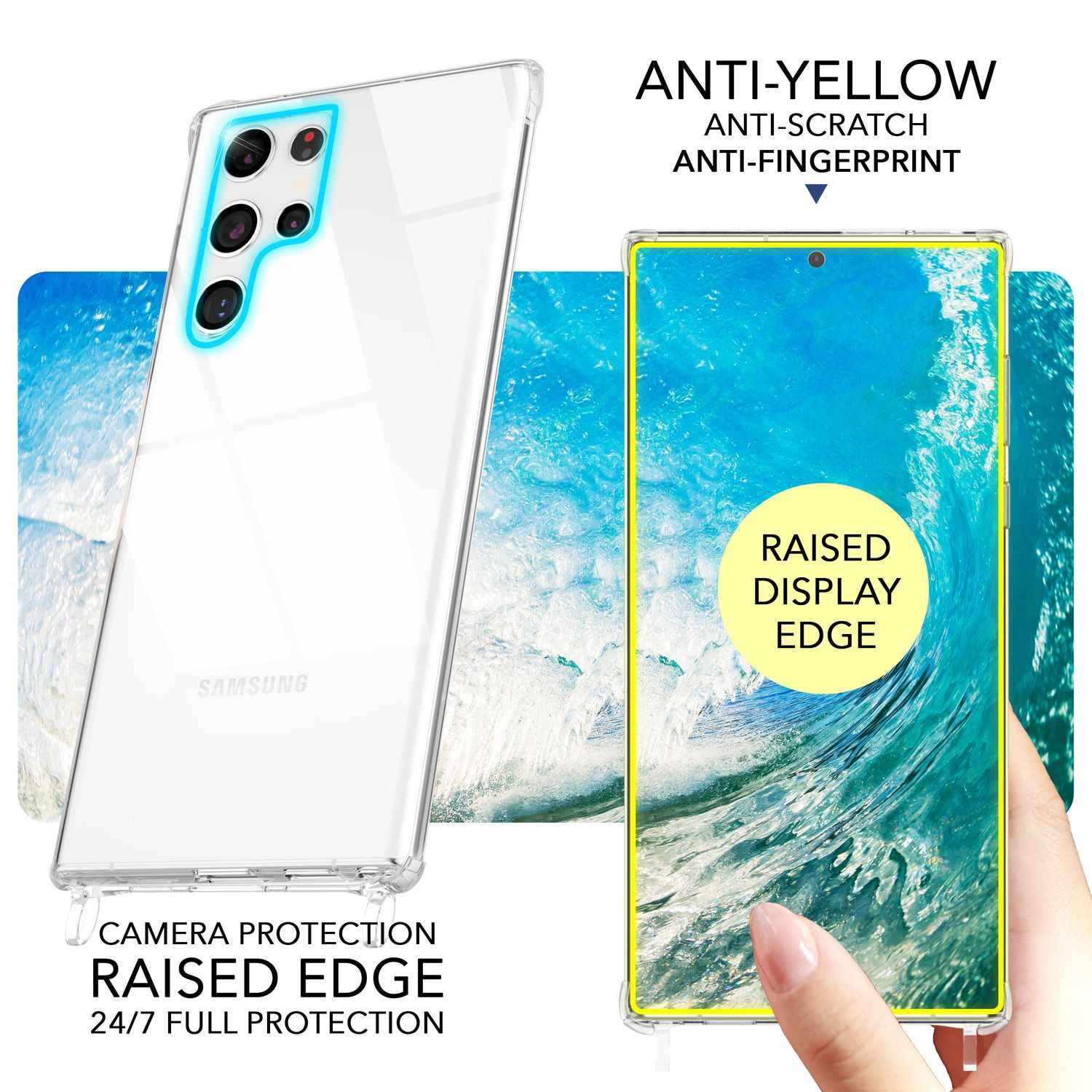 NALIA Klare Schutzhülle mit Kette für Samsung Galaxy S24 Ultra Hülle, Transparente Stabile Handyhülle mit Umhänge-Band
