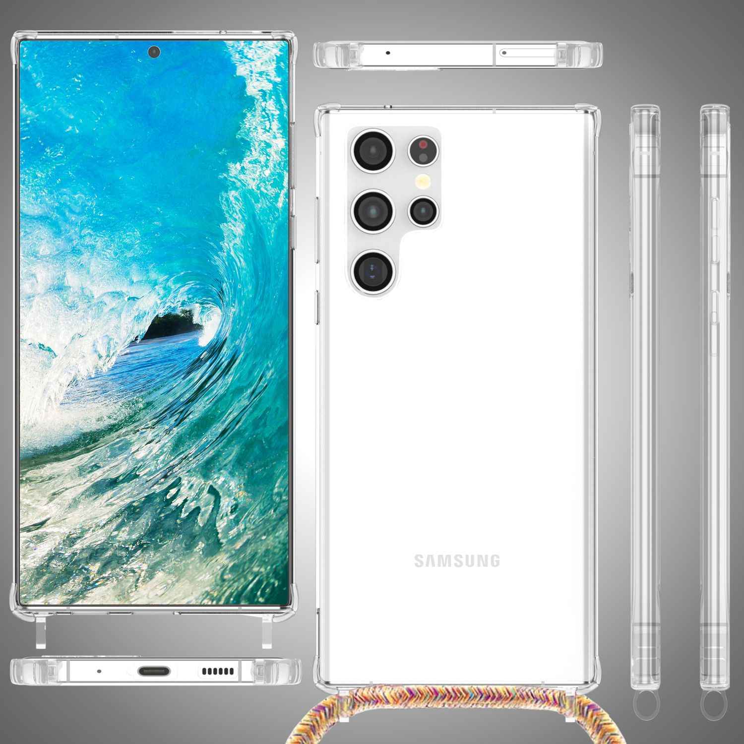 NALIA Klare Schutzhülle mit Kette für Samsung Galaxy S24 Ultra Hülle, Transparente Stabile Handyhülle mit Umhänge-Band