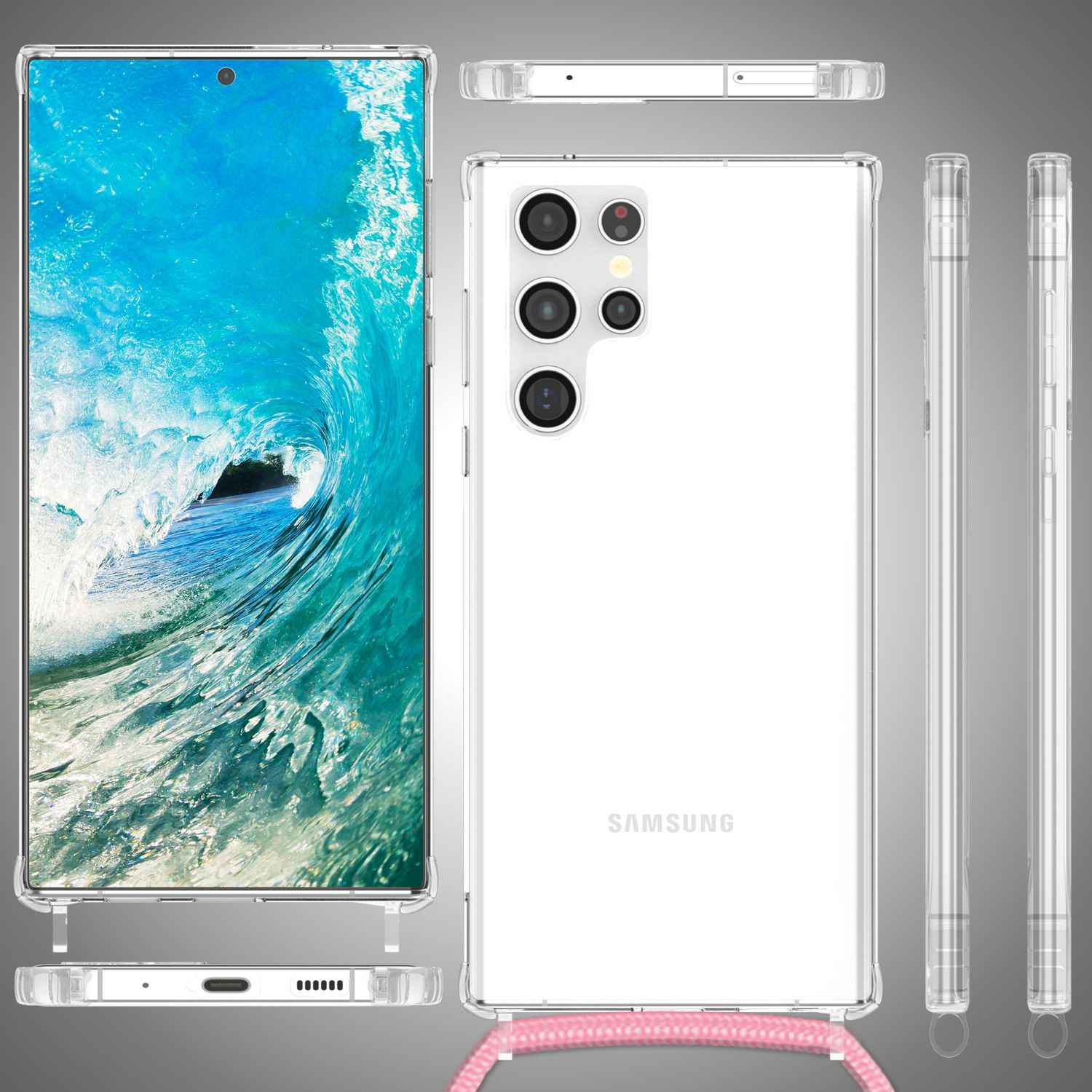 NALIA Klare Schutzhülle mit Kette für Samsung Galaxy S24 Ultra Hülle, Transparente Stabile Handyhülle mit Umhänge-Band