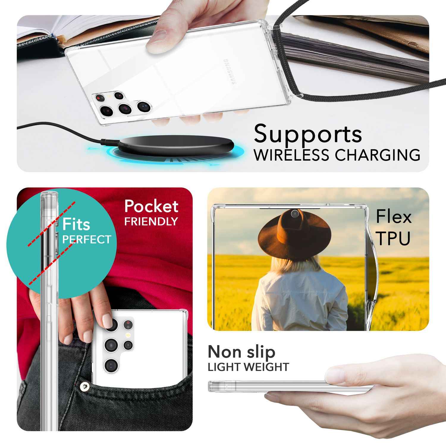 NALIA Klare Schutzhülle mit Kette für Samsung Galaxy S24 Ultra Hülle, Transparente Stabile Handyhülle mit Umhänge-Band