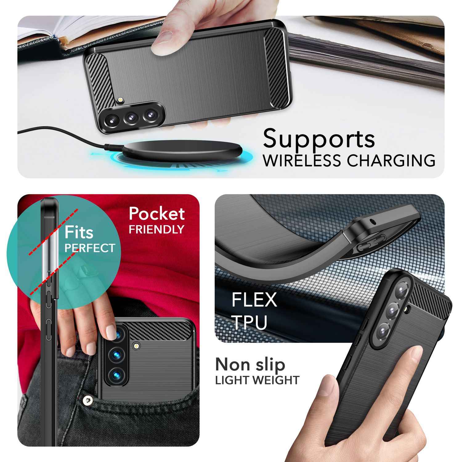 NALIA Carbon-Style Silikonhülle für Samsung Galaxy S24 Plus Hülle, Matt-Schwarze Schutzhülle mit Kohlefaser-Struktur