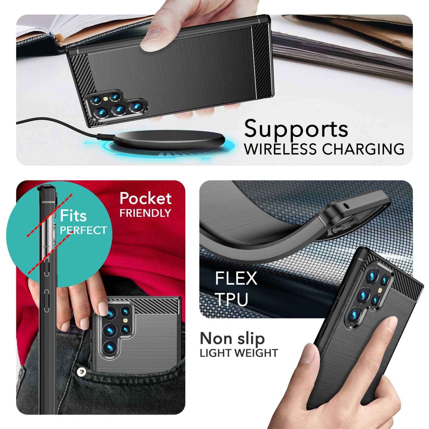 NALIA Carbon-Style Silikonhülle für Samsung Galaxy S24 Ultra Hülle, Matt-Schwarze Schutzhülle mit Kohlefaser-Struktur