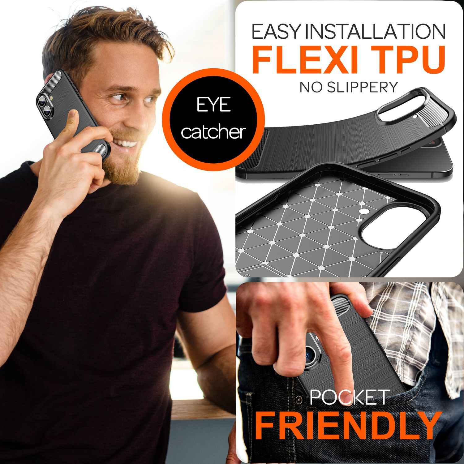 NALIA Carbon Style Hülle für iPhone 16, Matt-Schwarze Silikon Handyhülle in Kohlefaser-Optik, Business Cover Schutzhülle