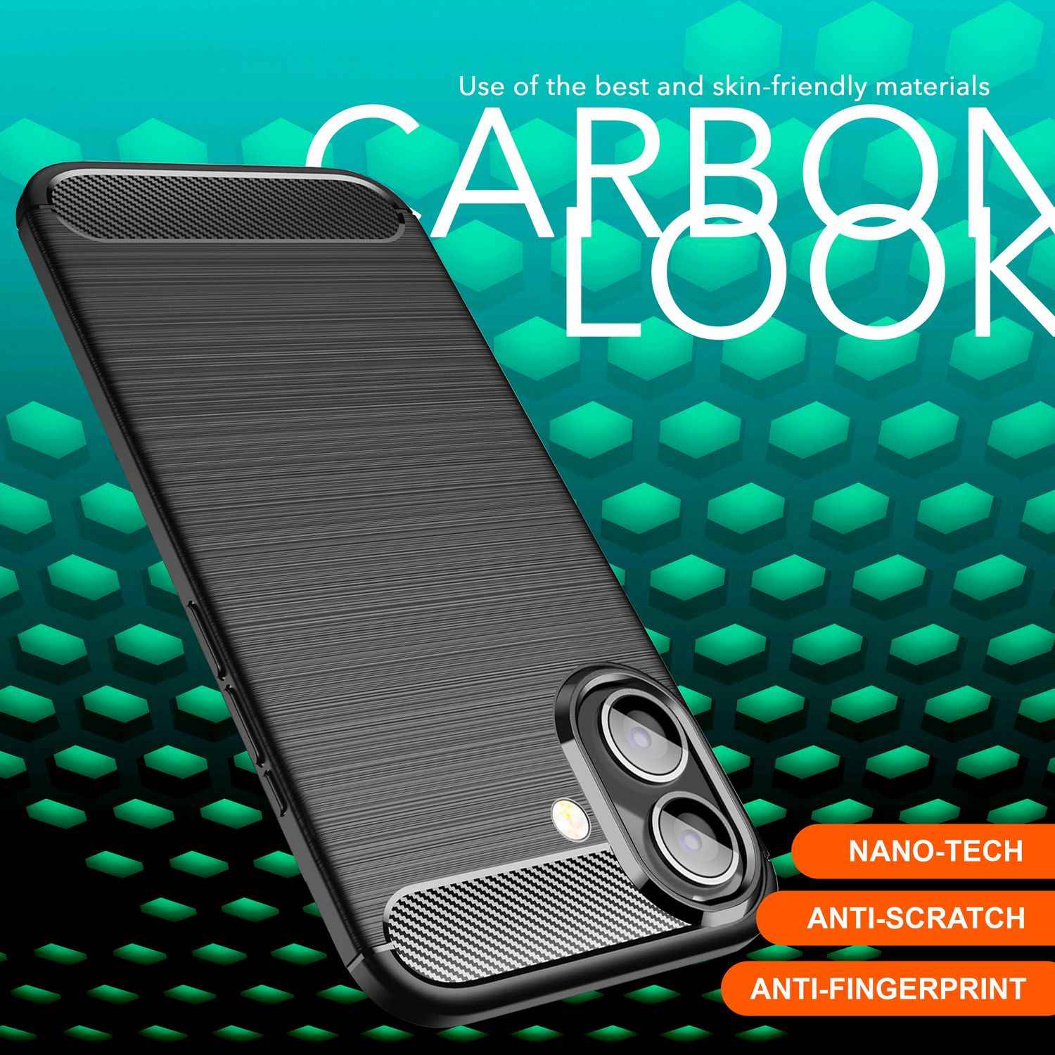 NALIA Carbon Style Hülle für iPhone 16 Plus, Matt-Schwarze Silikon Handyhülle in Kohlefaser-Optik, Slim Business Cover