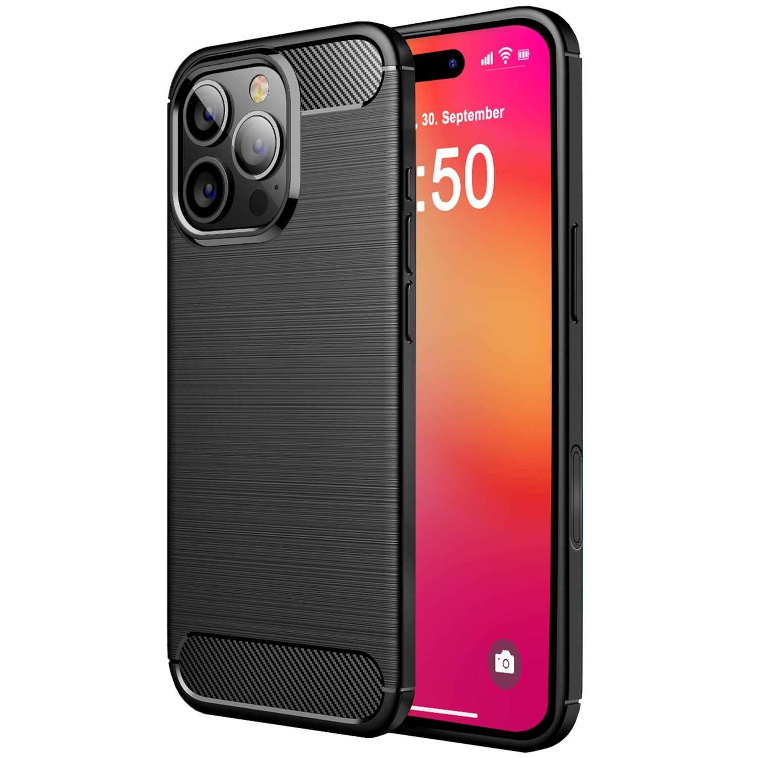 NALIA Carbon Style Hülle für iPhone 16 Pro, Matt-Schwarze Silikon Handyhülle in Kohlefaser-Optik, Slim Business Cover
