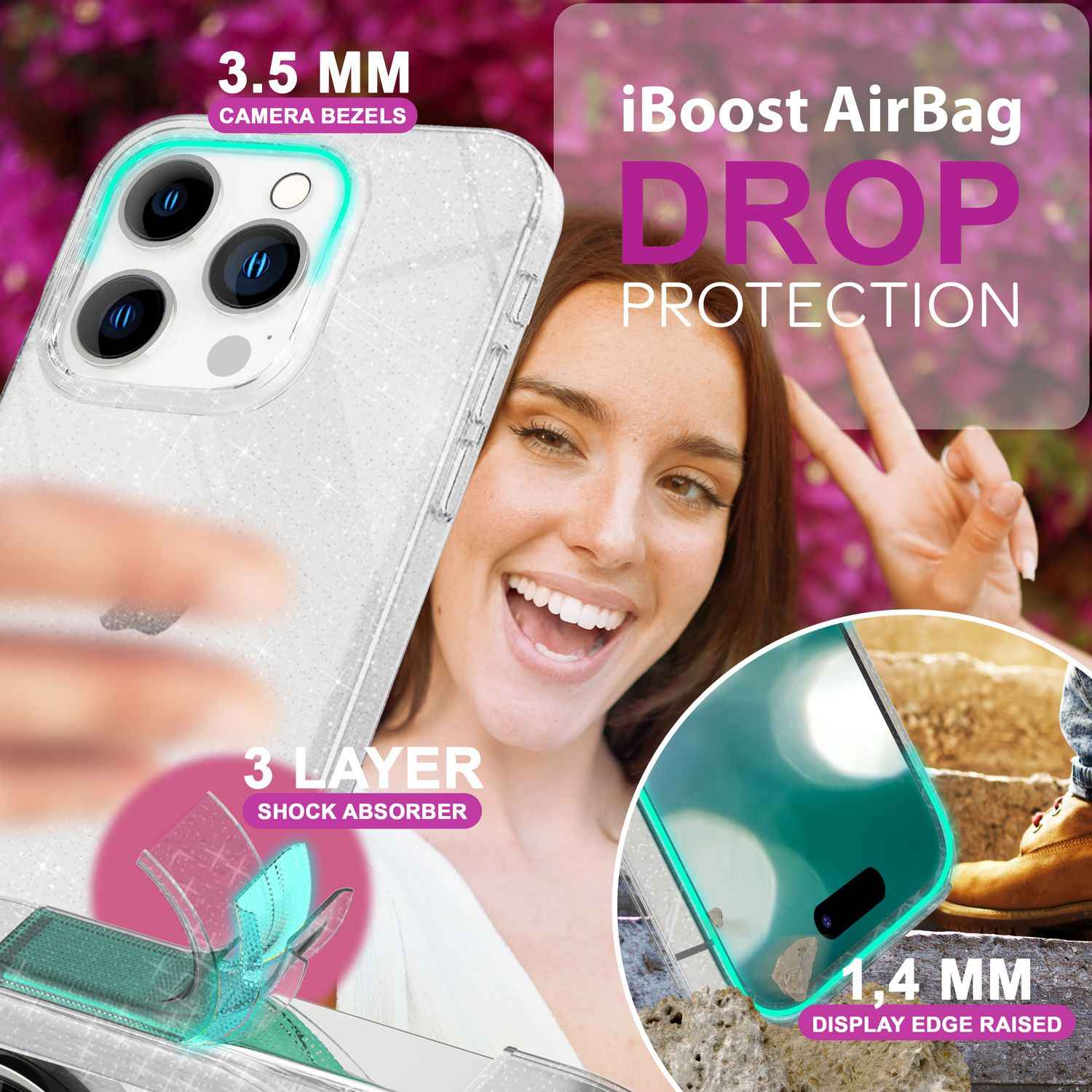 NALIA Durchsichtige Glitzerhülle für iPhone 16 Pro Max, Klare Handyhülle mit Glitter, Glitzer Schutz Hülle