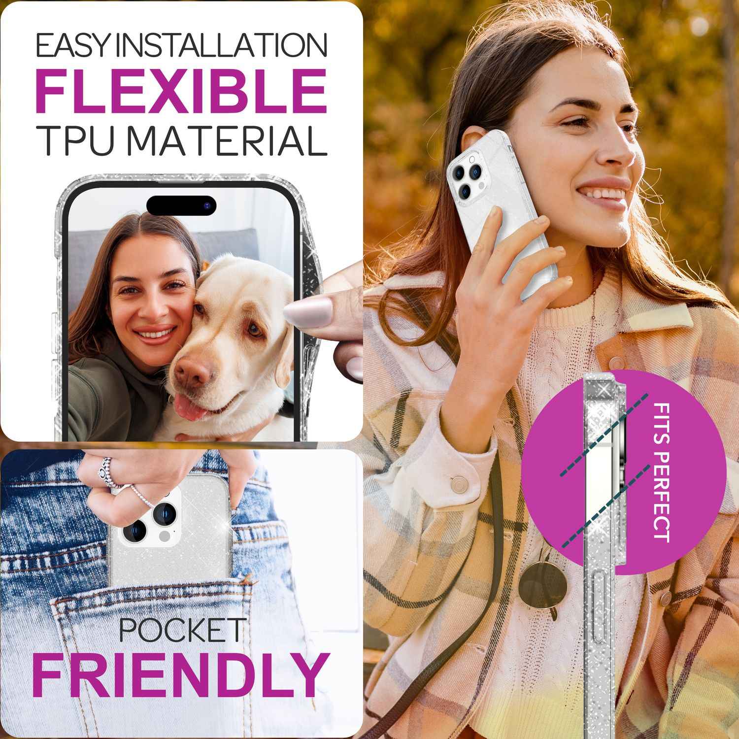 NALIA Durchsichtige Glitzerhülle für iPhone 16 Pro Max, Klare Handyhülle mit Glitter, Glitzer Schutz Hülle