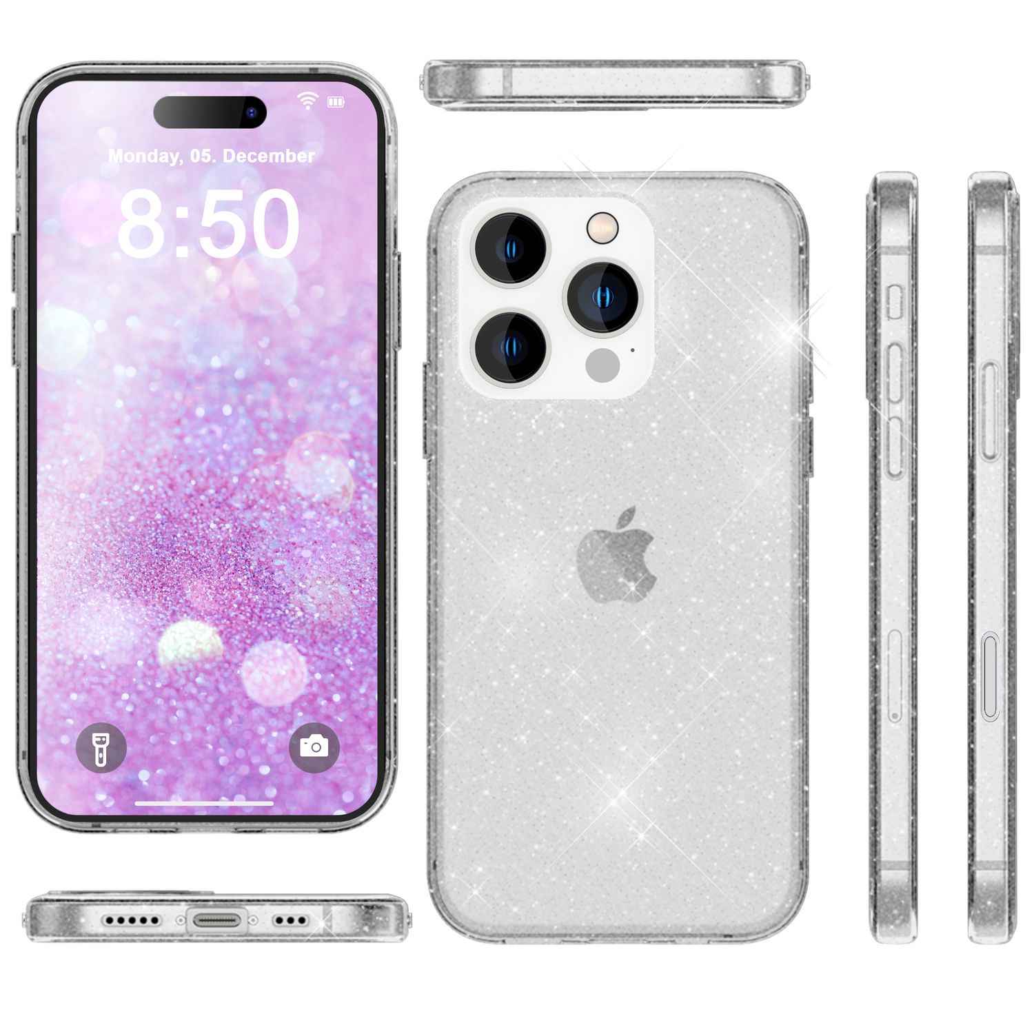 NALIA Durchsichtige Glitzerhülle für iPhone 16 Pro Max, Klare Handyhülle mit Glitter, Glitzer Schutz Hülle