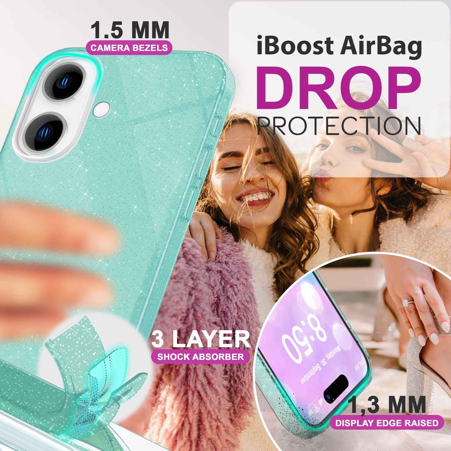 NALIA Glitzer Hybrid Hülle für iPhone 16, Verstärkte Silikon Handyhülle, Glänzende Glitzerhülle Schutz Cover