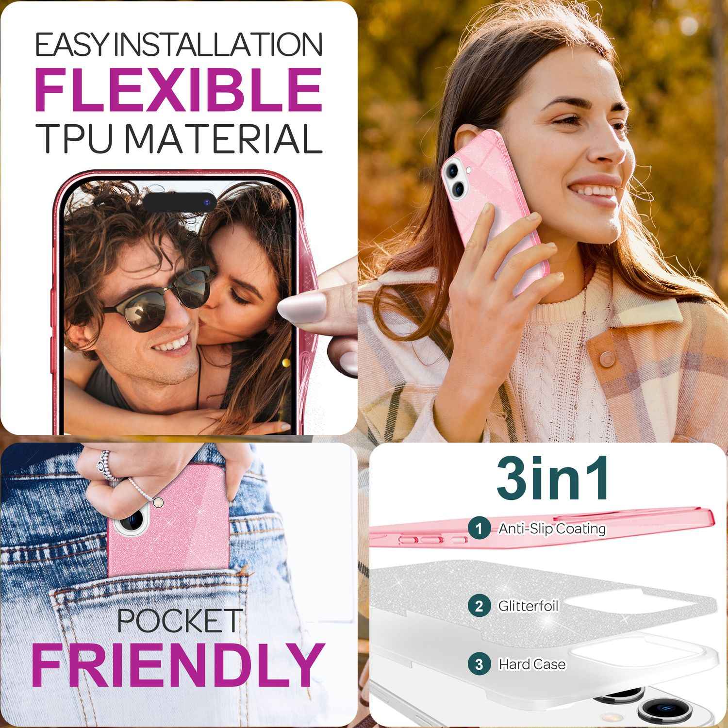 NALIA Glitzer Hybrid Hülle für iPhone 16, Verstärkte Silikon Handyhülle, Glänzende Glitzerhülle Schutz Cover