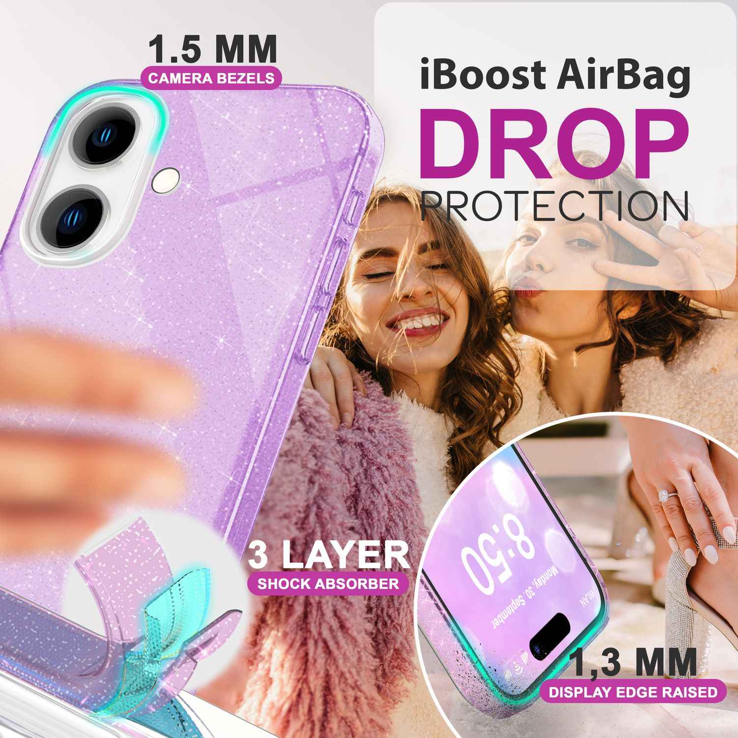 NALIA Glitzer Hybrid Hülle für iPhone 16, Verstärkte Silikon Handyhülle, Glänzende Glitzerhülle Schutz Cover