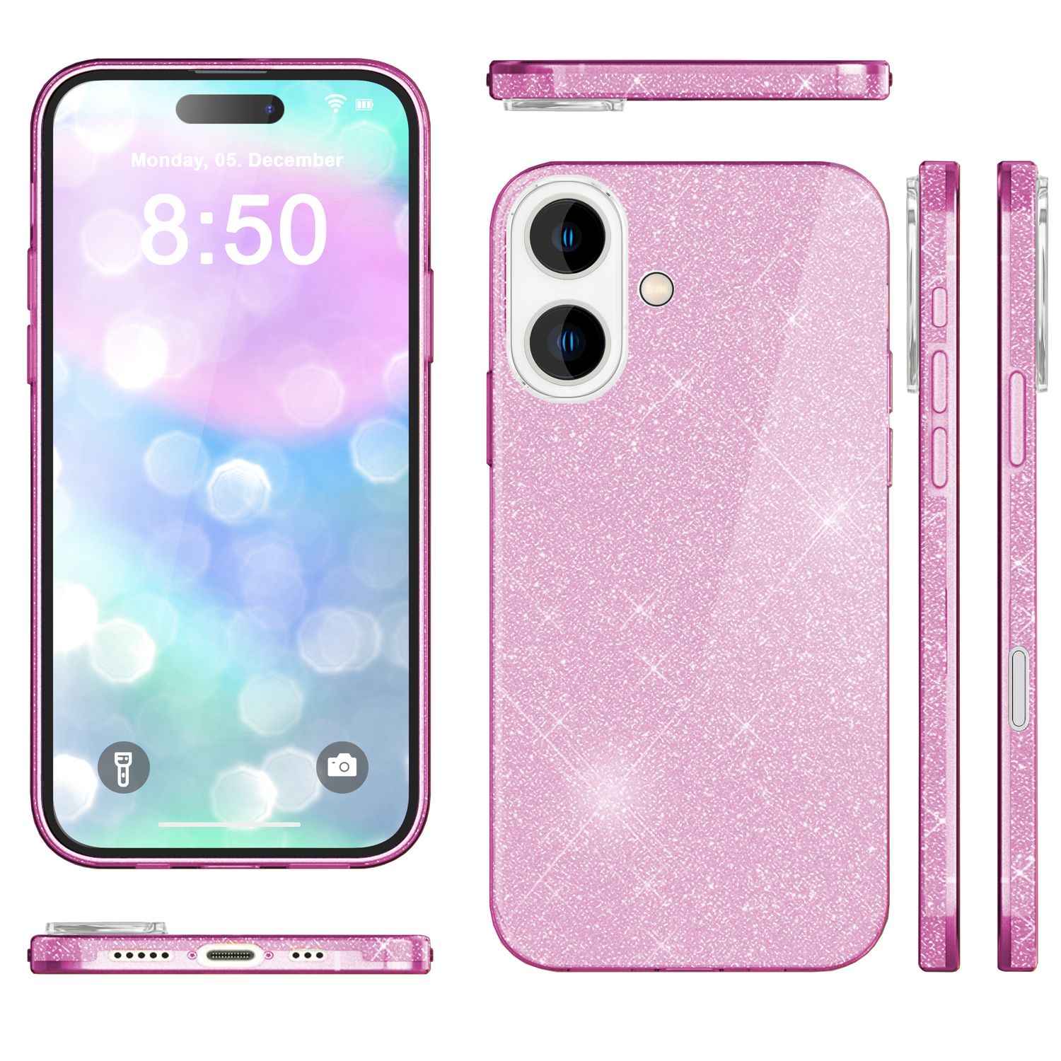NALIA Glitzer Hybrid Hülle für iPhone 16, Verstärkte Silikon Handyhülle, Glänzende Glitzerhülle Schutz Cover