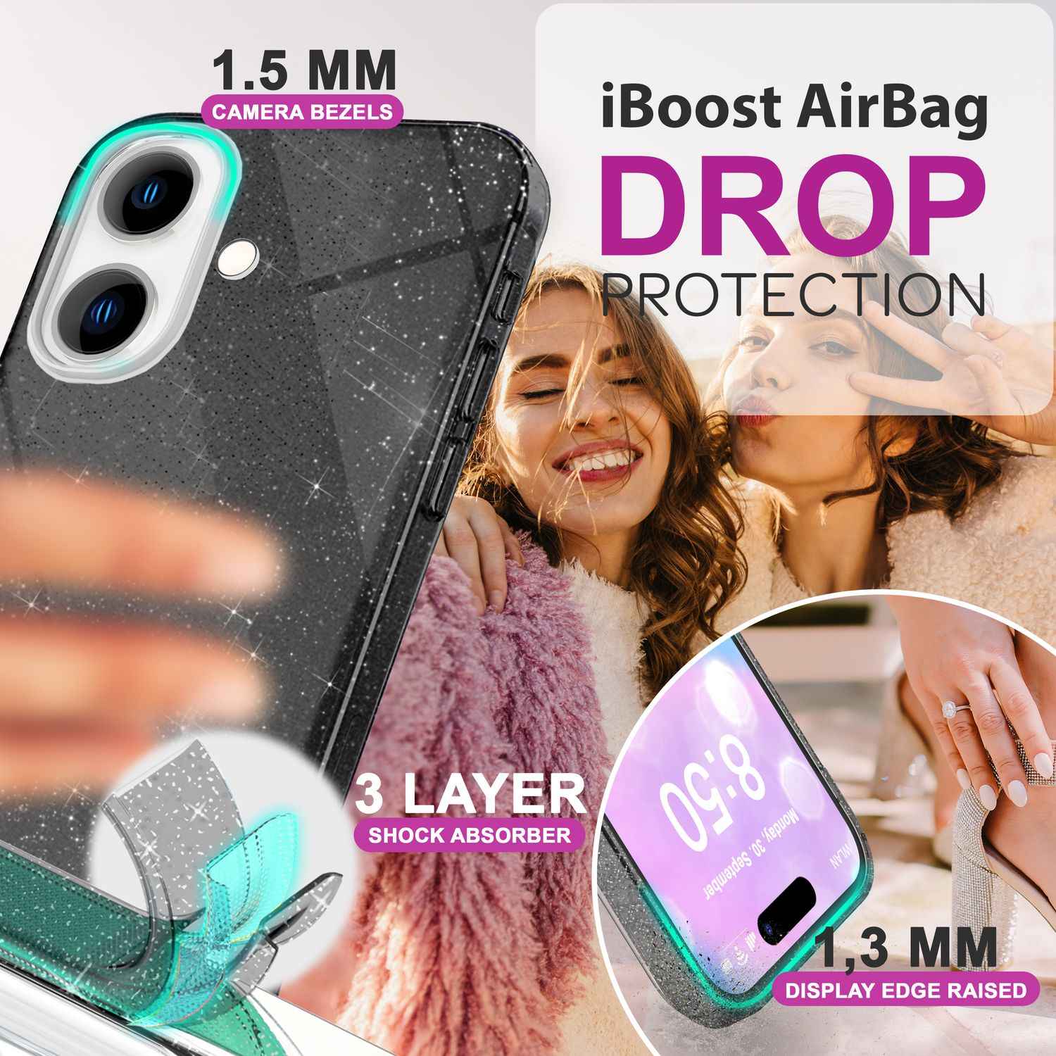 NALIA Glitzer Hybrid Hülle für iPhone 16, Verstärkte Silikon Handyhülle, Glänzende Glitzerhülle Schutz Cover
