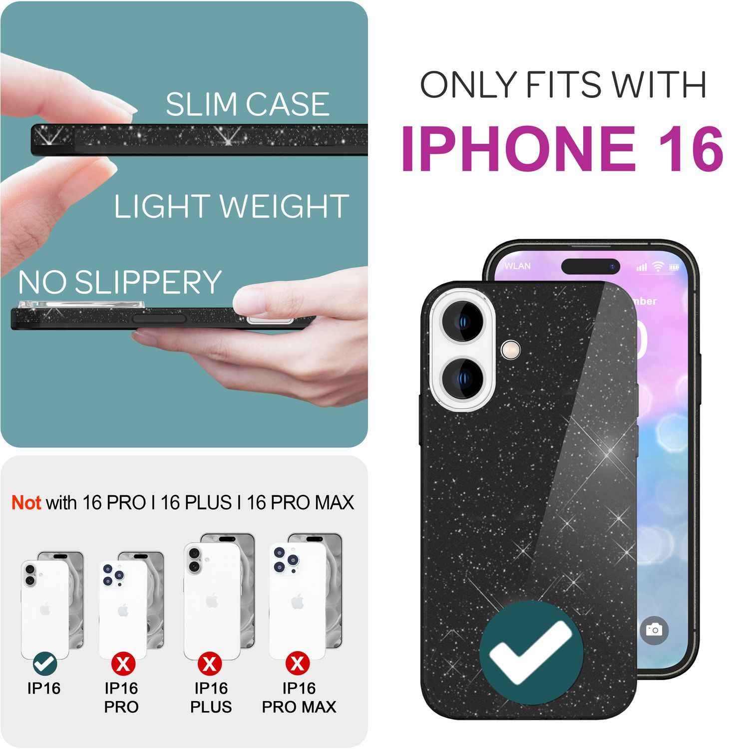 NALIA Glitzer Hybrid Hülle für iPhone 16, Verstärkte Silikon Handyhülle, Glänzende Glitzerhülle Schutz Cover
