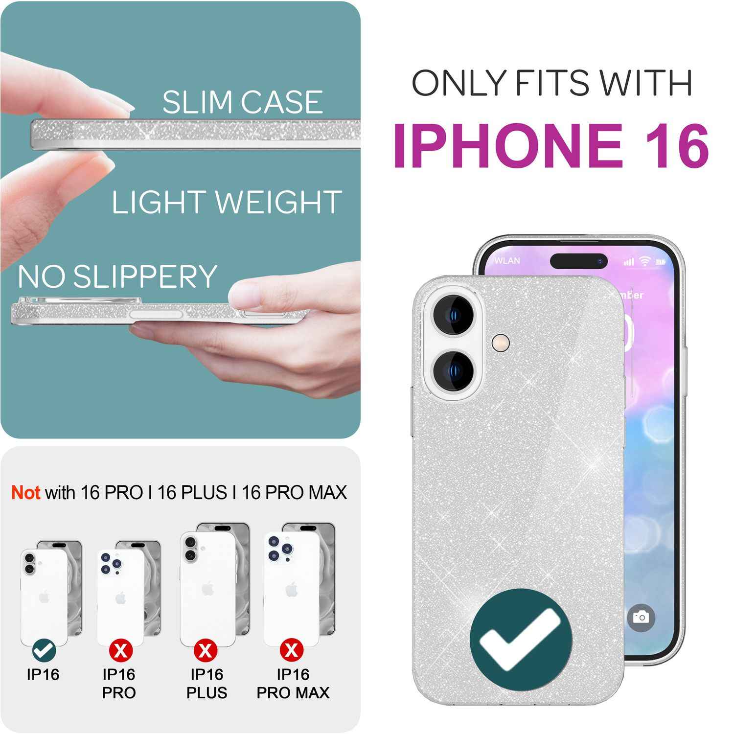 NALIA Glitzer Hybrid Hülle für iPhone 16, Verstärkte Silikon Handyhülle, Glänzende Glitzerhülle Schutz Cover