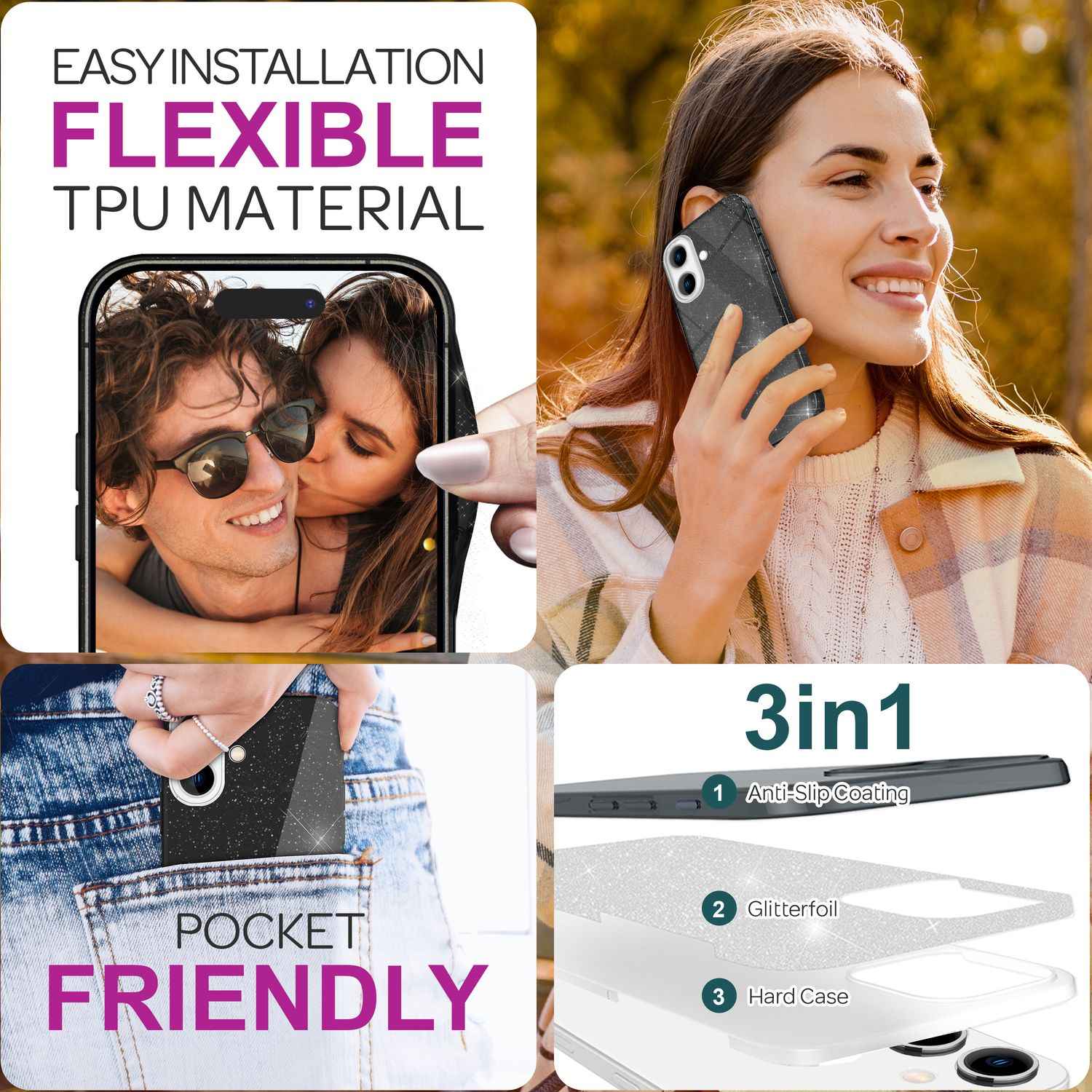 NALIA Glitzer Hybrid Hülle für iPhone 16 Plus, Verstärkte Silikon Handyhülle, Glänzende Schutz Glitzerhülle