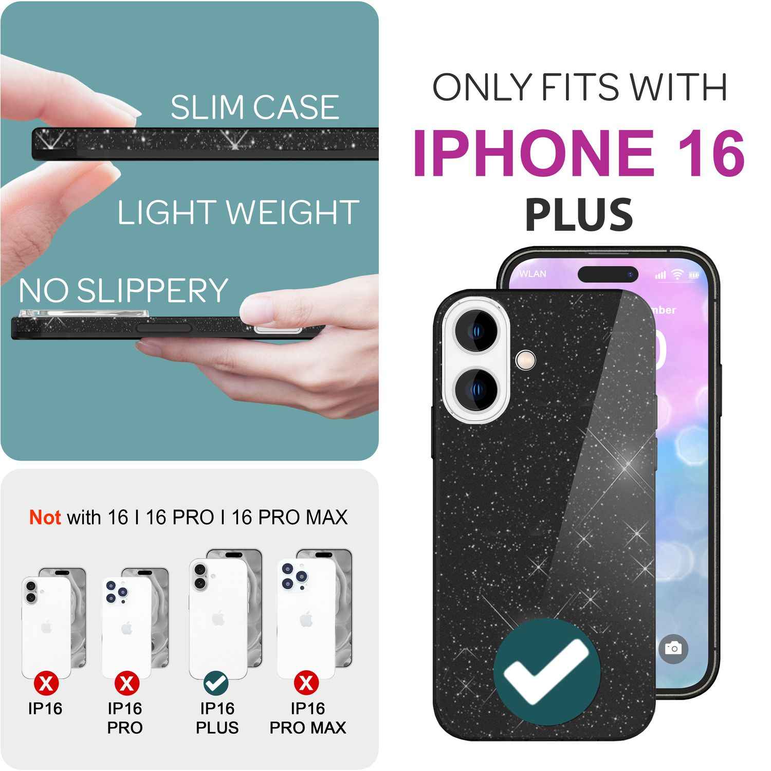 NALIA Glitzer Hybrid Hülle für iPhone 16 Plus, Verstärkte Silikon Handyhülle, Glänzende Schutz Glitzerhülle
