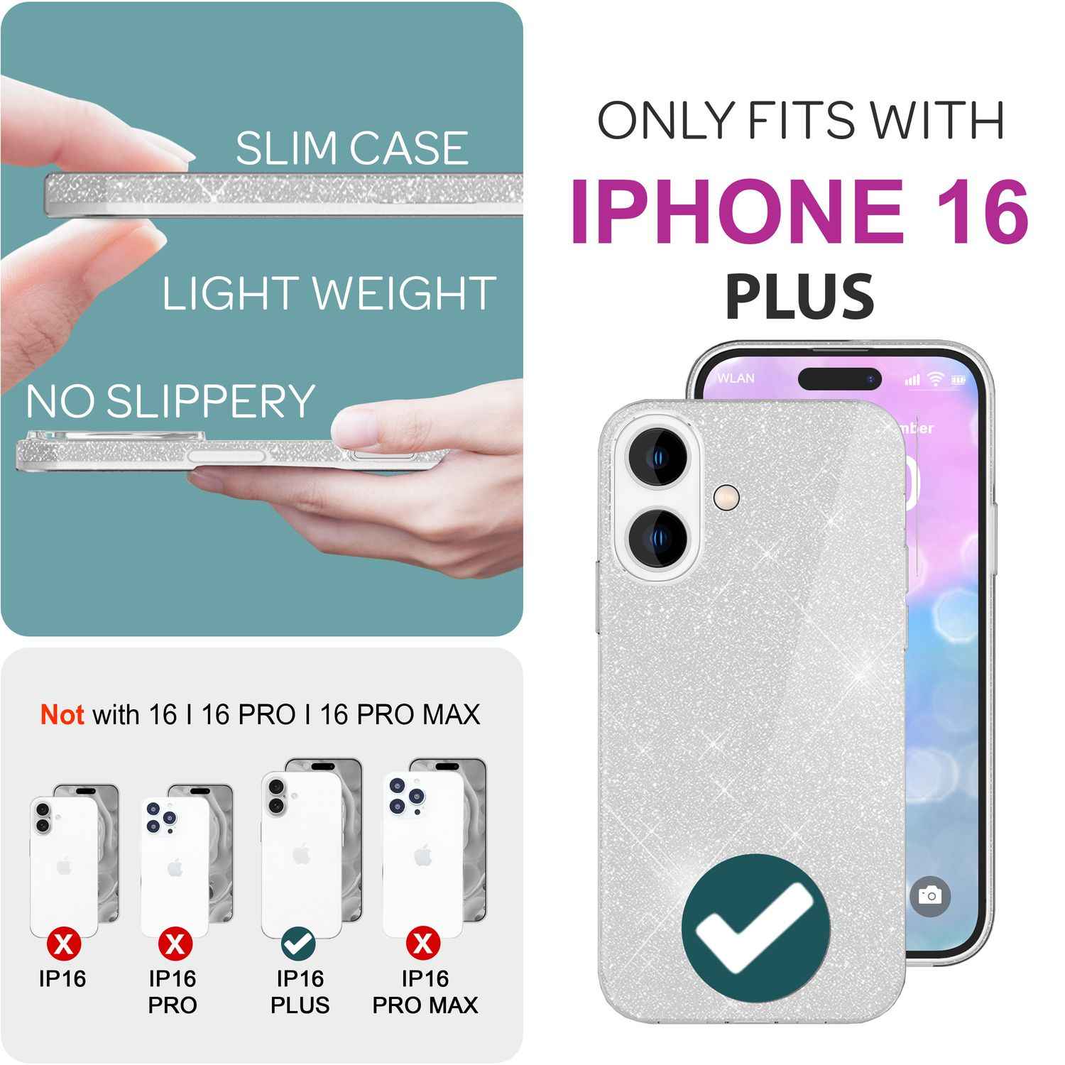 NALIA Glitzer Hybrid Hülle für iPhone 16 Plus, Verstärkte Silikon Handyhülle, Glänzende Schutz Glitzerhülle