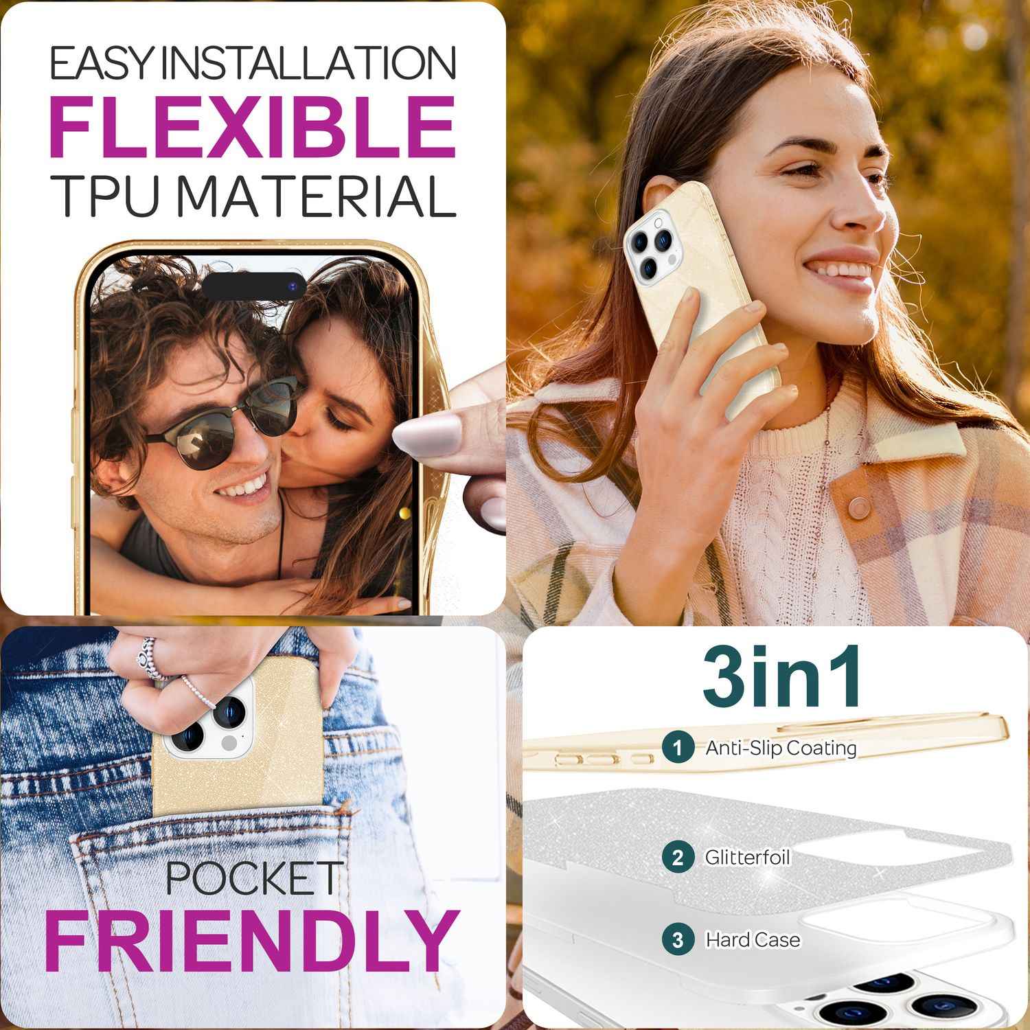 NALIA Glitzer Hybrid Hülle für iPhone 16 Pro, Verstärkte Silikon Handyhülle, Glänzende Glitzerhülle Schutz Cover