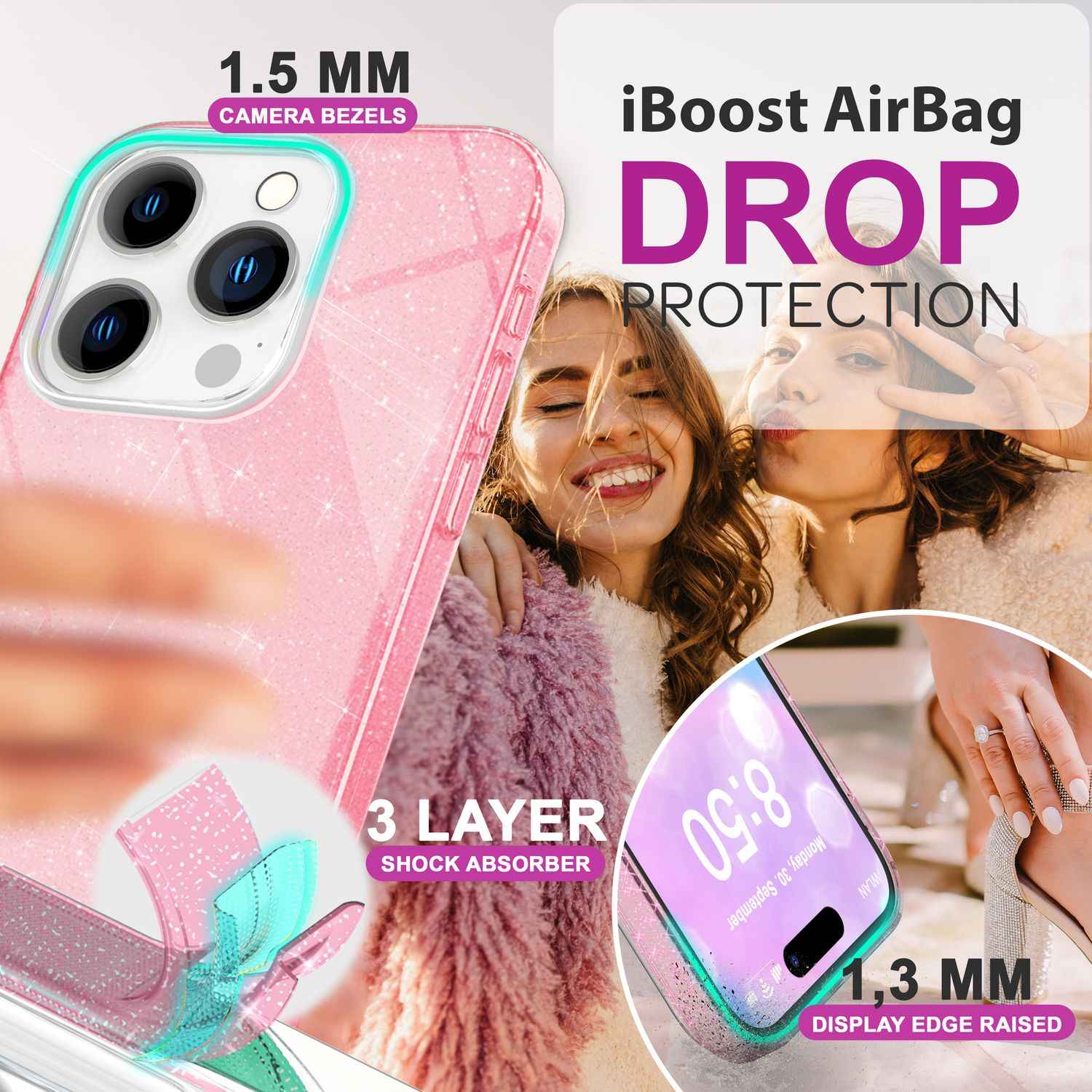 NALIA Glitzer Hybrid Hülle für iPhone 16 Pro, Verstärkte Silikon Handyhülle, Glänzende Glitzerhülle Schutz Cover
