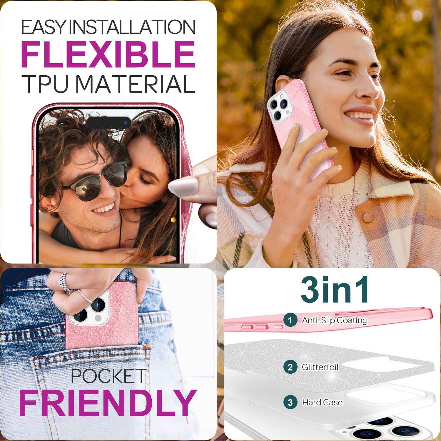 NALIA Glitzer Hybrid Hülle für iPhone 16 Pro, Verstärkte Silikon Handyhülle, Glänzende Glitzerhülle Schutz Cover