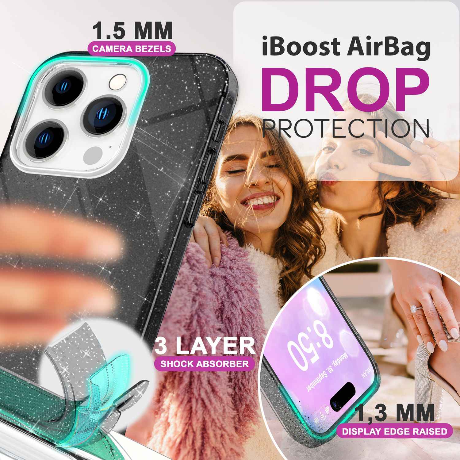 NALIA Glitzer Hybrid Hülle für iPhone 16 Pro, Verstärkte Silikon Handyhülle, Glänzende Glitzerhülle Schutz Cover