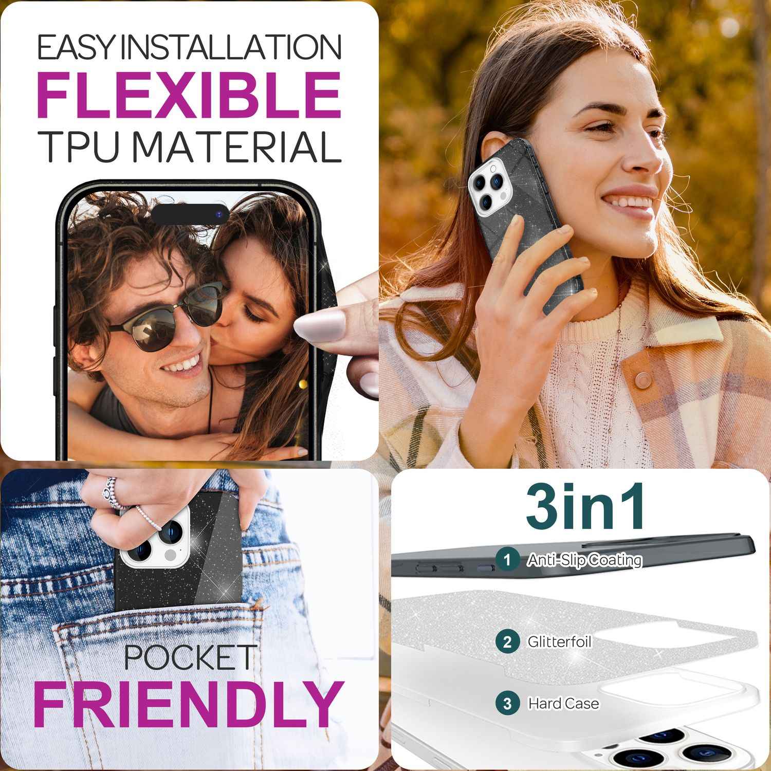 NALIA Glitzer Hybrid Hülle für iPhone 16 Pro, Verstärkte Silikon Handyhülle, Glänzende Glitzerhülle Schutz Cover