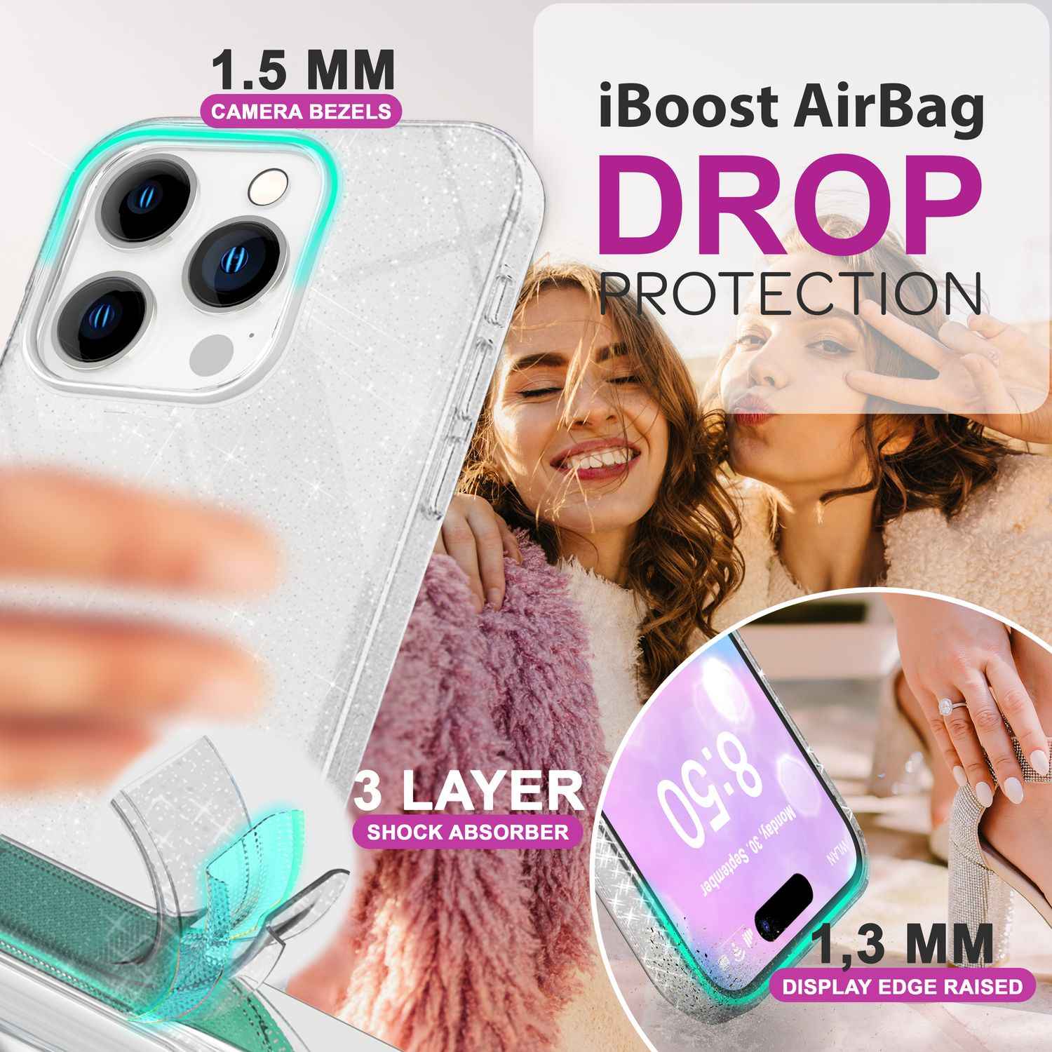 NALIA Glitzer Hybrid Hülle für iPhone 16 Pro, Verstärkte Silikon Handyhülle, Glänzende Glitzerhülle Schutz Cover