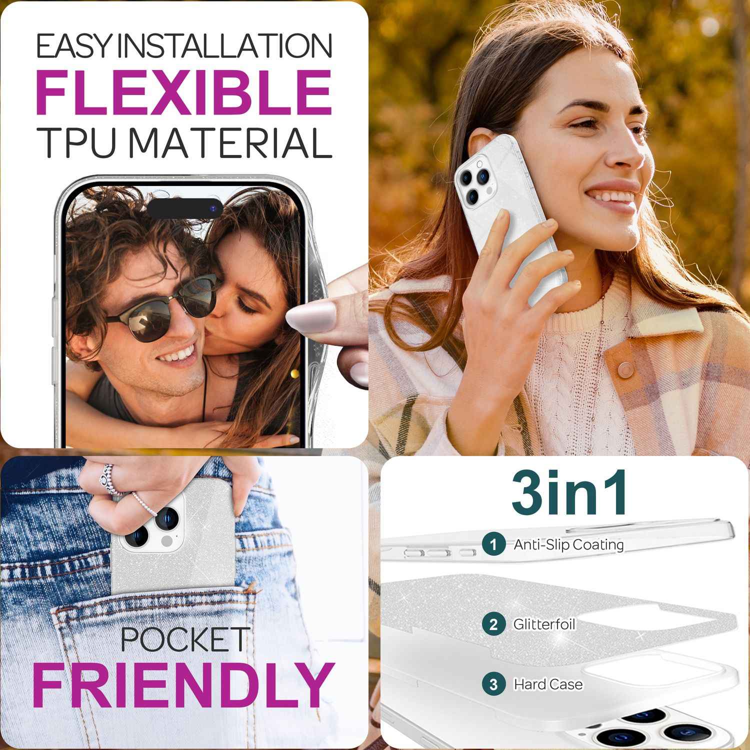 NALIA Glitzer Hybrid Hülle für iPhone 16 Pro, Verstärkte Silikon Handyhülle, Glänzende Glitzerhülle Schutz Cover