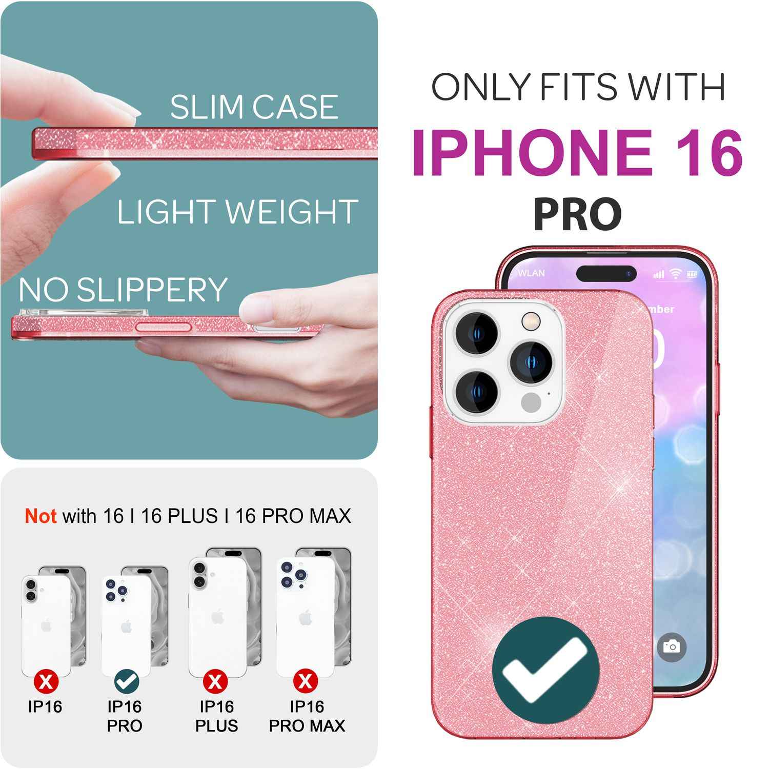 NALIA Glitzer Hybrid Hülle für iPhone 16 Pro, Verstärkte Silikon Handyhülle, Glänzende Glitzerhülle Schutz Cover