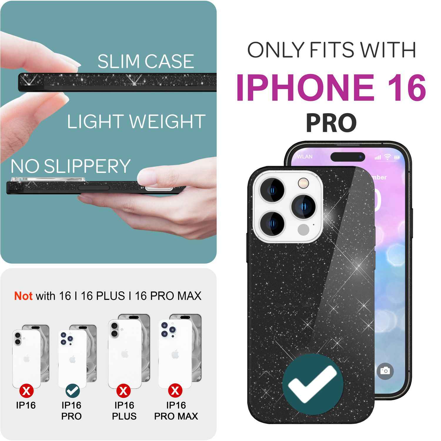 NALIA Glitzer Hybrid Hülle für iPhone 16 Pro, Verstärkte Silikon Handyhülle, Glänzende Glitzerhülle Schutz Cover