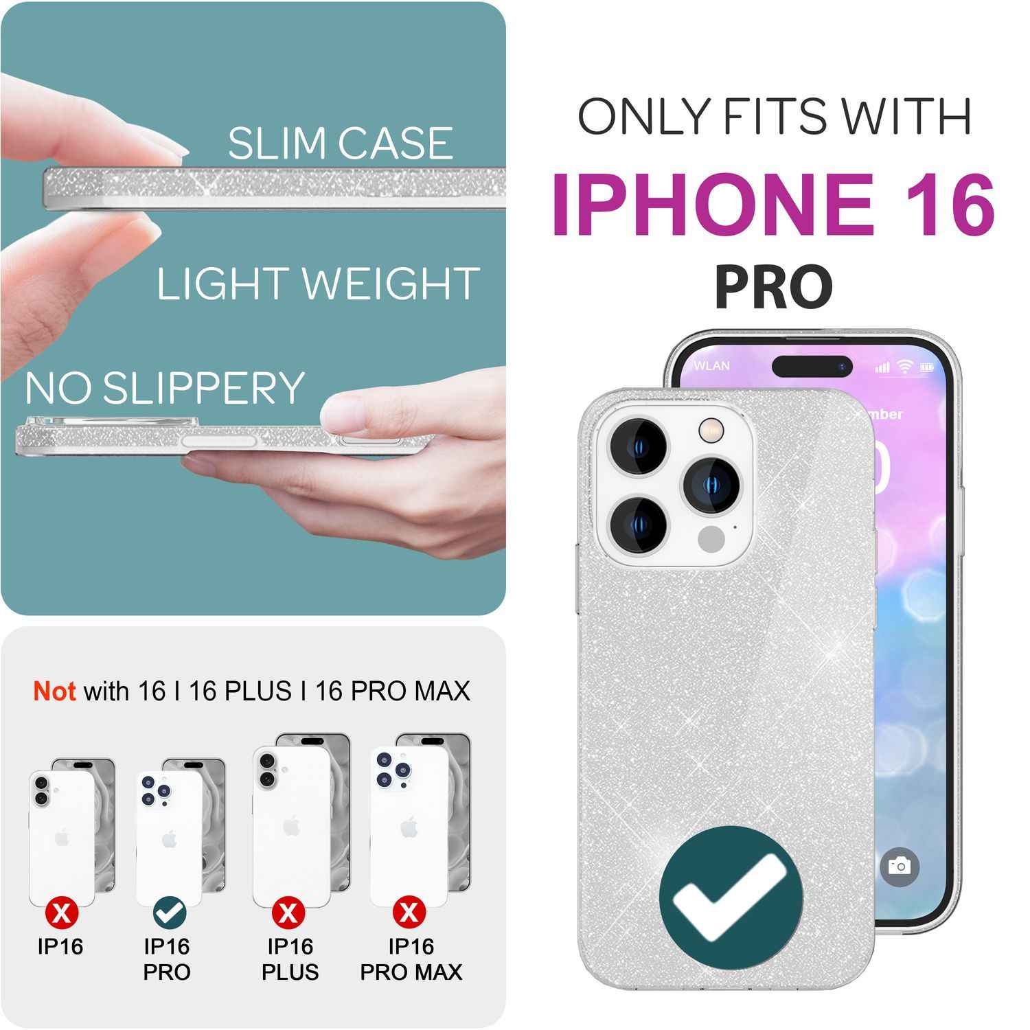 NALIA Glitzer Hybrid Hülle für iPhone 16 Pro, Verstärkte Silikon Handyhülle, Glänzende Glitzerhülle Schutz Cover