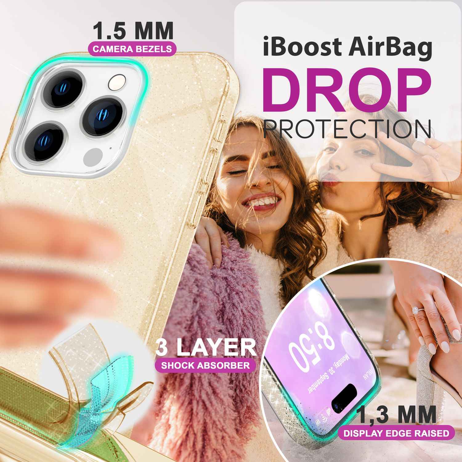NALIA Glitzer Hybrid Hülle für iPhone 16 Pro Max, Verstärkte Silikon Handyhülle, Glänzende Glitzerhülle Cover