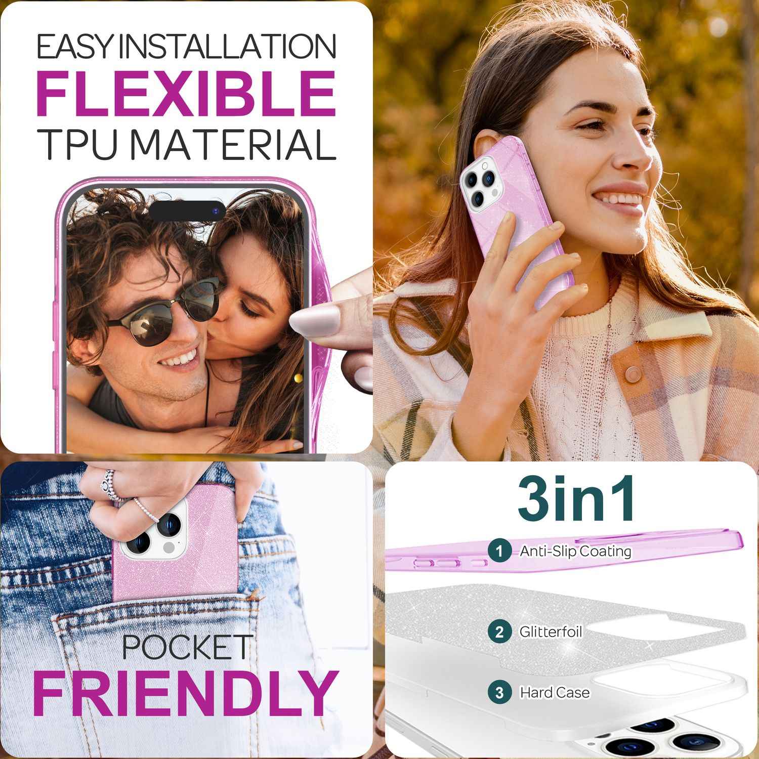 NALIA Glitzer Hybrid Hülle für iPhone 16 Pro Max, Verstärkte Silikon Handyhülle, Glänzende Glitzerhülle Cover