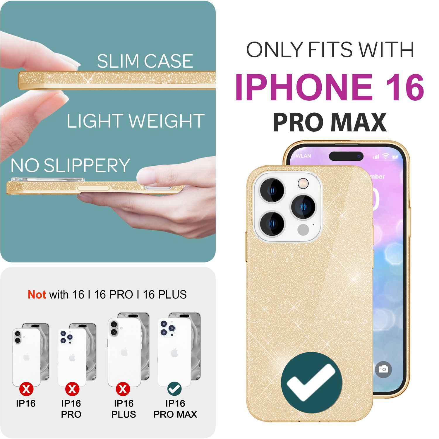 NALIA Glitzer Hybrid Hülle für iPhone 16 Pro Max, Verstärkte Silikon Handyhülle, Glänzende Glitzerhülle Cover