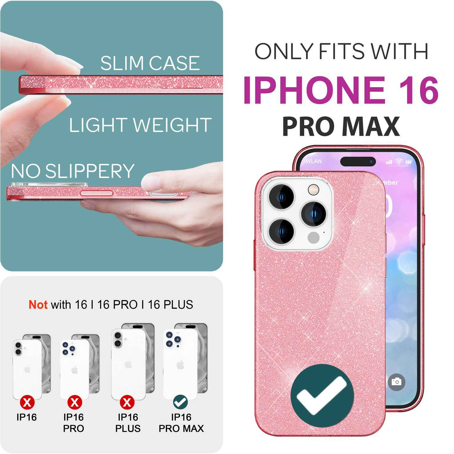 NALIA Glitzer Hybrid Hülle für iPhone 16 Pro Max, Verstärkte Silikon Handyhülle, Glänzende Glitzerhülle Cover