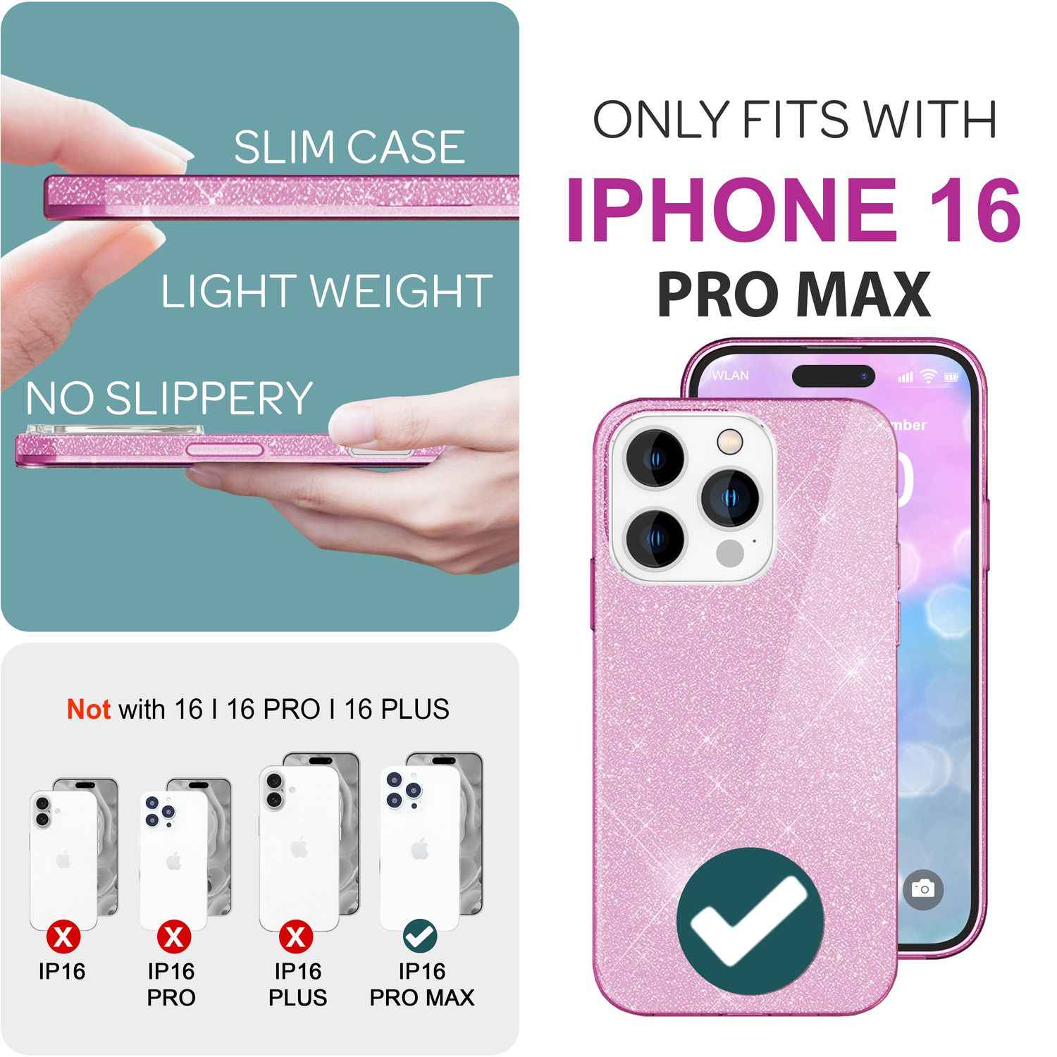 NALIA Glitzer Hybrid Hülle für iPhone 16 Pro Max, Verstärkte Silikon Handyhülle, Glänzende Glitzerhülle Cover