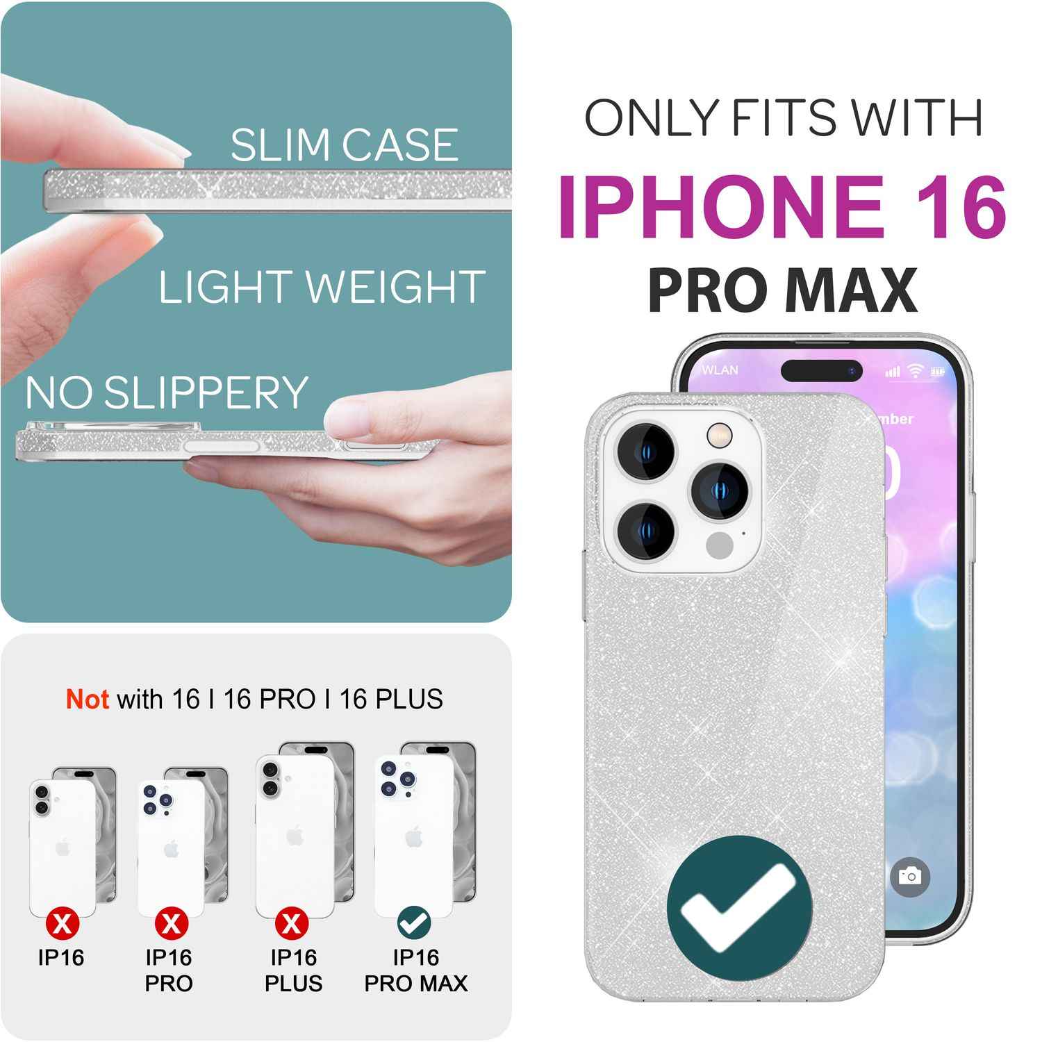 NALIA Glitzer Hybrid Hülle für iPhone 16 Pro Max, Verstärkte Silikon Handyhülle, Glänzende Glitzerhülle Cover