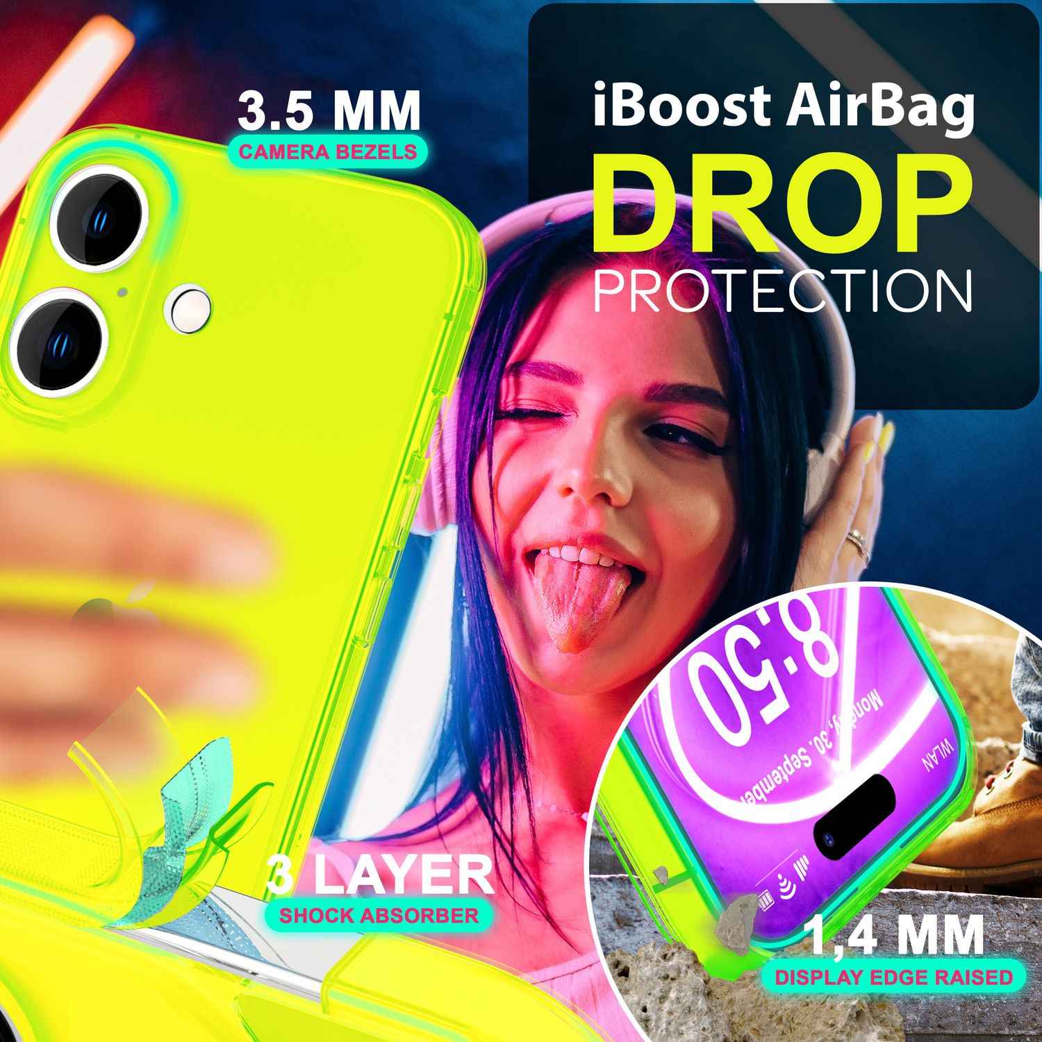 NALIA Klare Neon Hülle für iPhone 16 Plus, Durchsichtige Handyhülle in Bunt Leuchtender Farbe, Slim Silikon Hülle