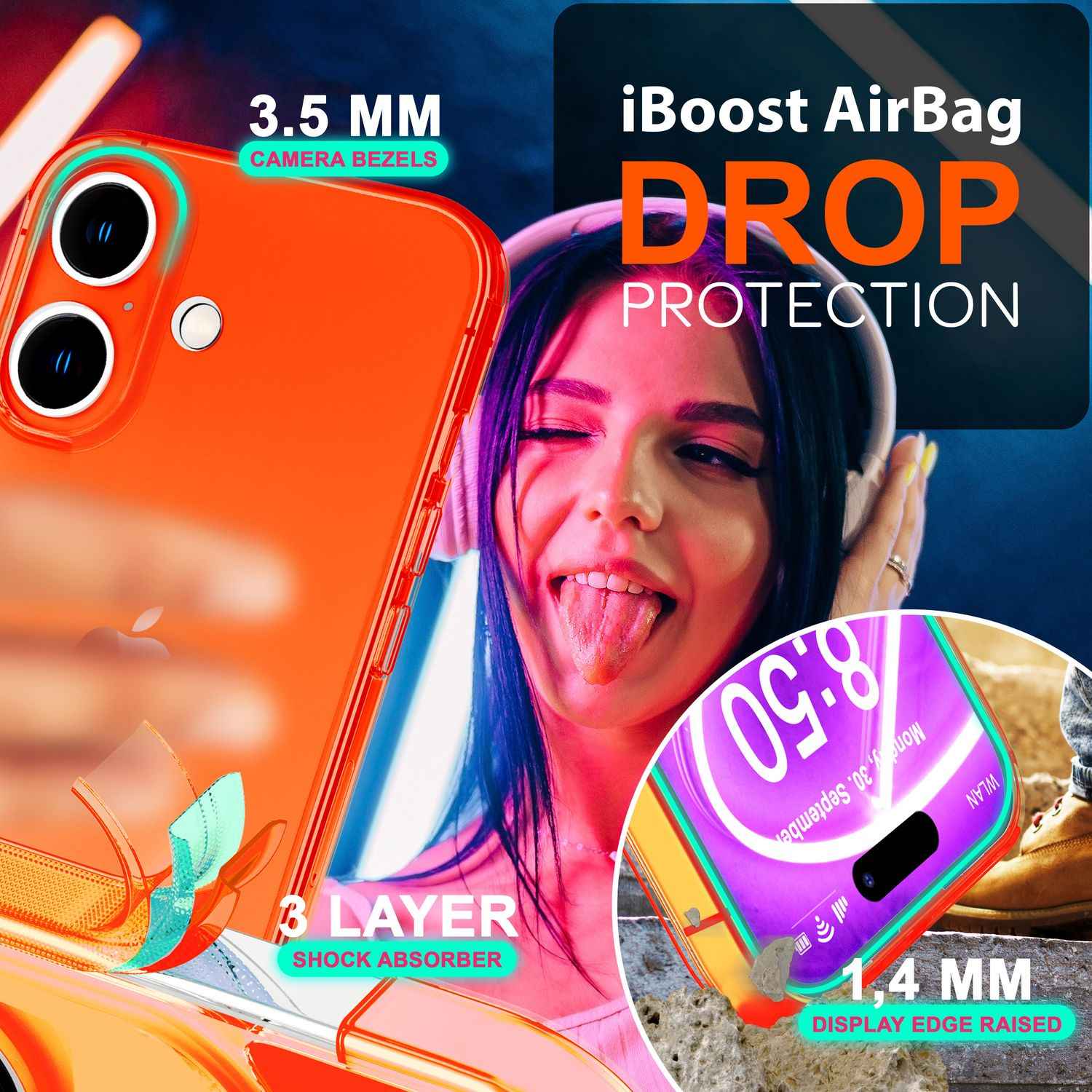 NALIA Klare Neon Hülle für iPhone 16 Plus, Durchsichtige Handyhülle in Bunt Leuchtender Farbe, Slim Silikon Hülle