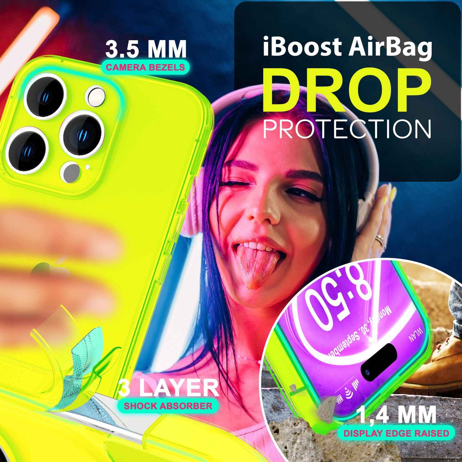 NALIA Klare Neon Hülle für iPhone 16 Pro, Durchsichtige Handyhülle in Bunt Leuchtender Farbe, Slim Silikon Hülle