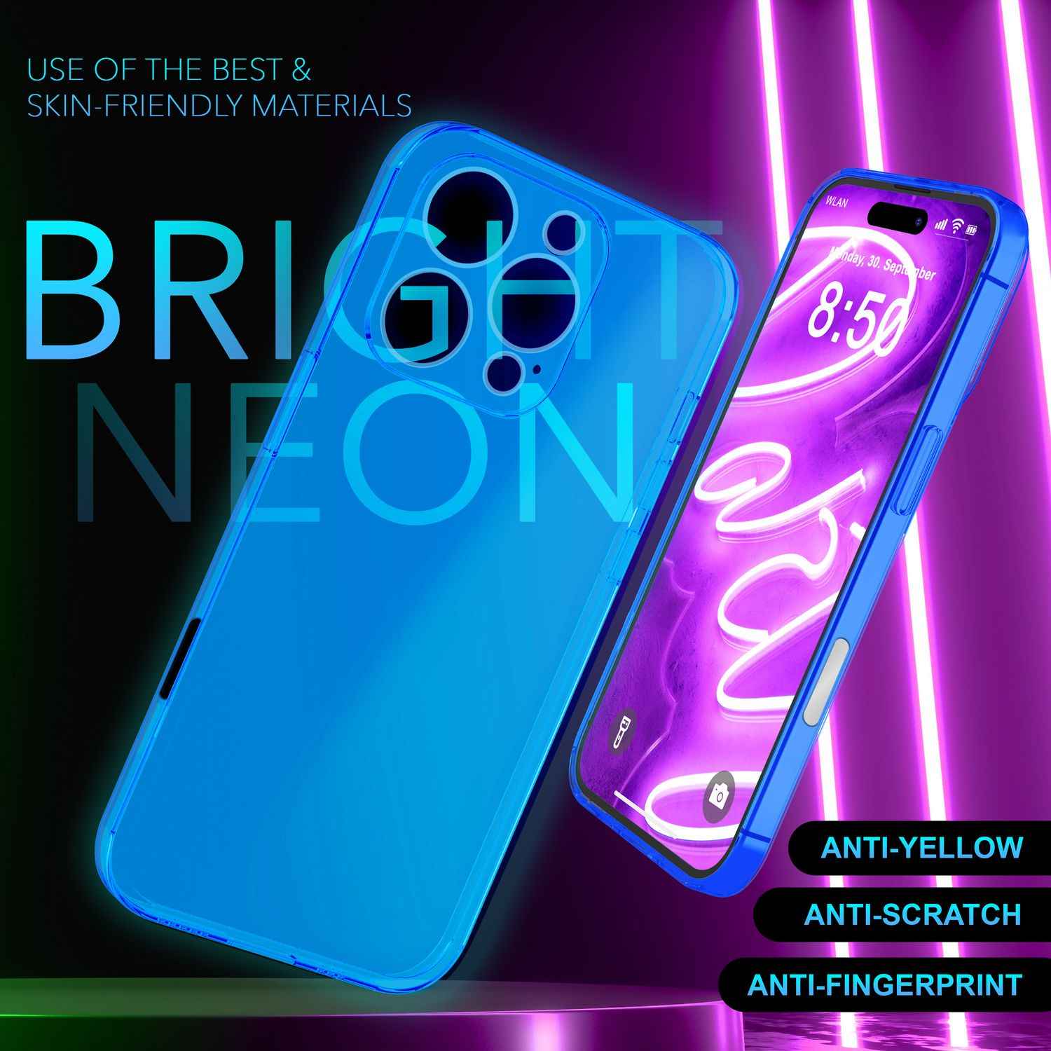 NALIA Klare Neon Hülle für iPhone 16 Pro, Durchsichtige Handyhülle in Bunt Leuchtender Farbe, Slim Silikon Hülle