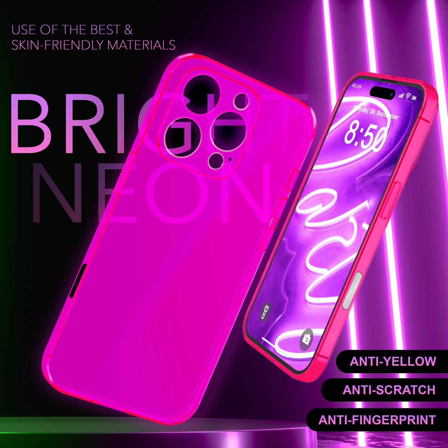 NALIA Klare Neon Hülle für iPhone 16 Pro, Durchsichtige Handyhülle in Bunt Leuchtender Farbe, Slim Silikon Hülle