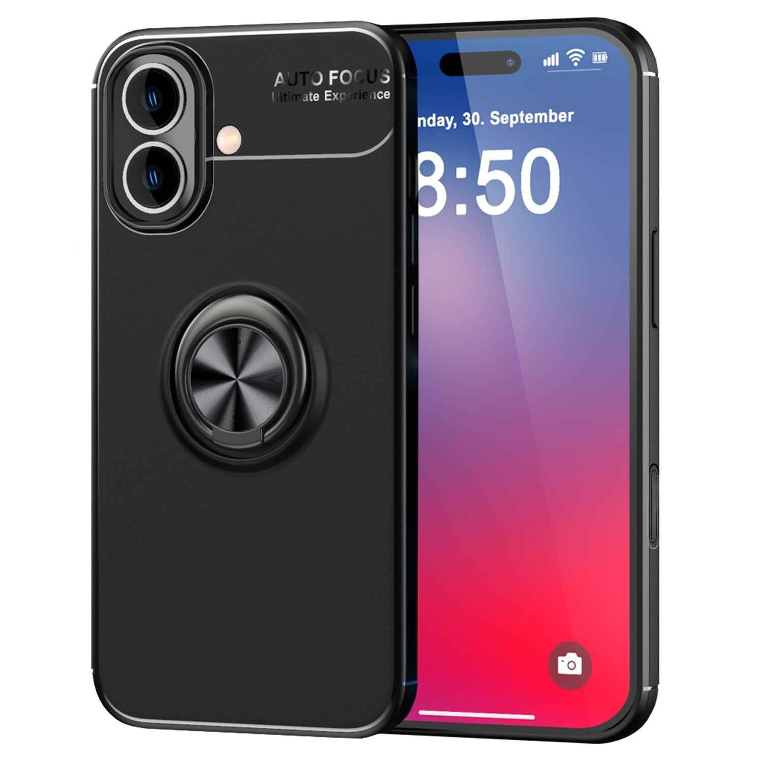 NALIA Schutzhülle mit Ring für iPhone 16, Matt-Schwarze Silikon Hülle mit 360° Finger-Halter für Standfunktion
