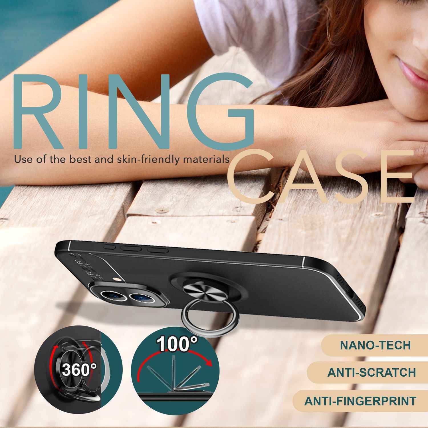 NALIA Schutzhülle mit Ring für iPhone 16, Matt-Schwarze Silikon Hülle mit 360° Finger-Halter für Standfunktion