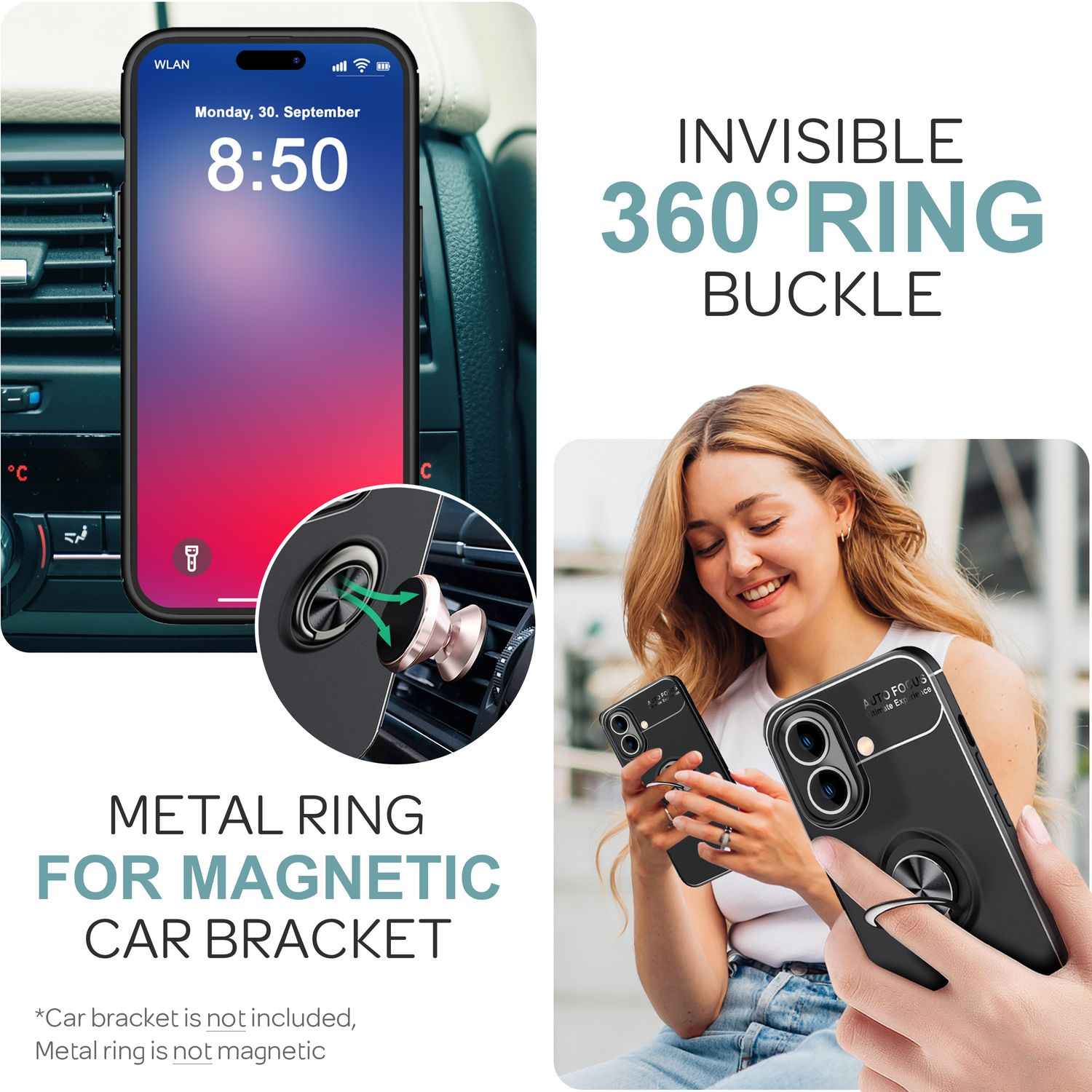 NALIA Schutzhülle mit Ring für iPhone 16, Matt-Schwarze Silikon Hülle mit 360° Finger-Halter für Standfunktion