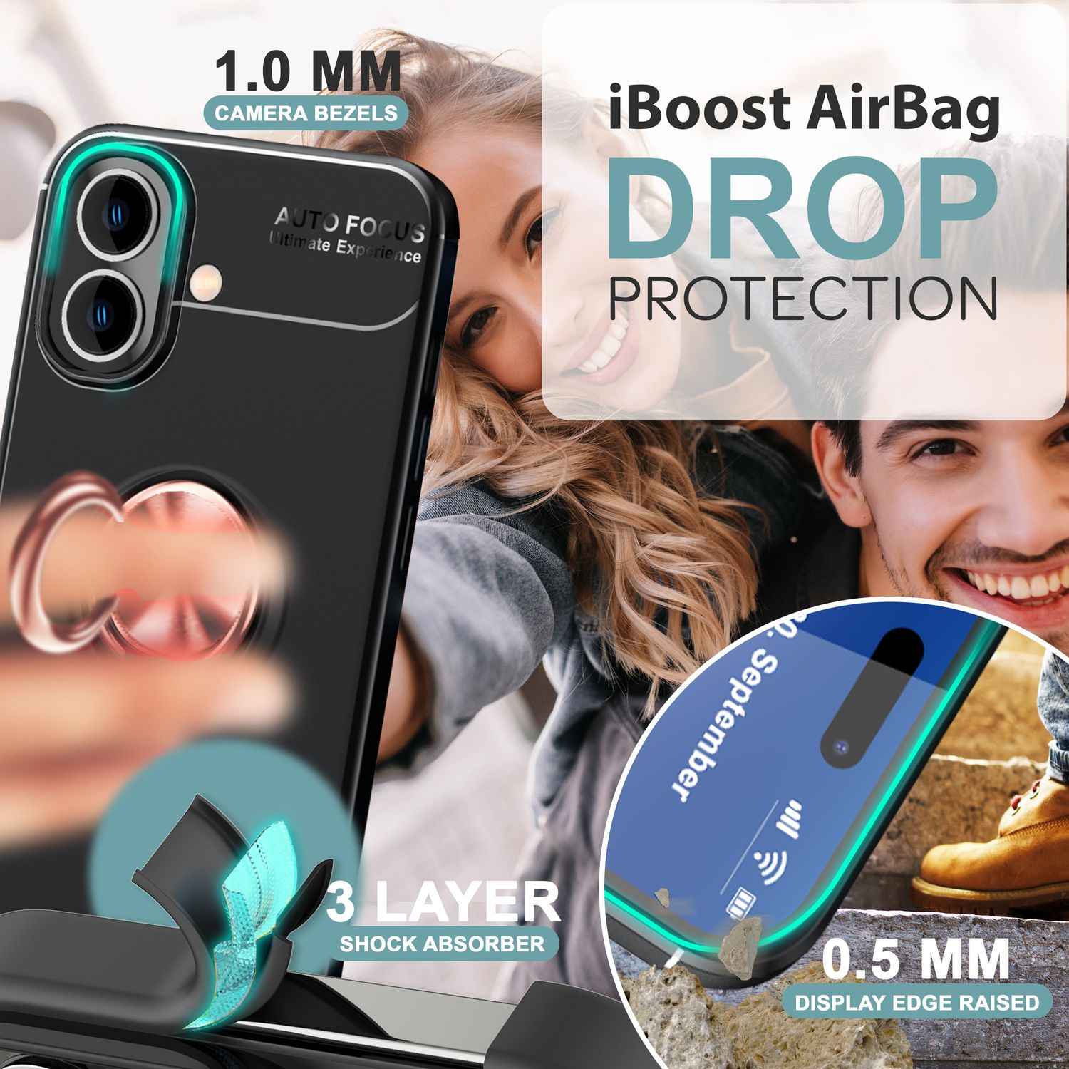 NALIA Schutzhülle mit Ring für iPhone 16, Matt-Schwarze Silikon Hülle mit 360° Finger-Halter für Standfunktion