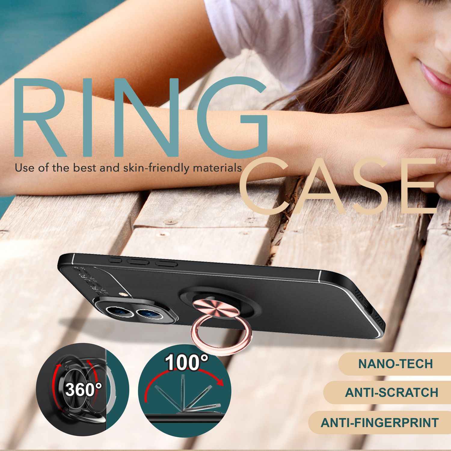 NALIA Schutzhülle mit Ring für iPhone 16, Matt-Schwarze Silikon Hülle mit 360° Finger-Halter für Standfunktion