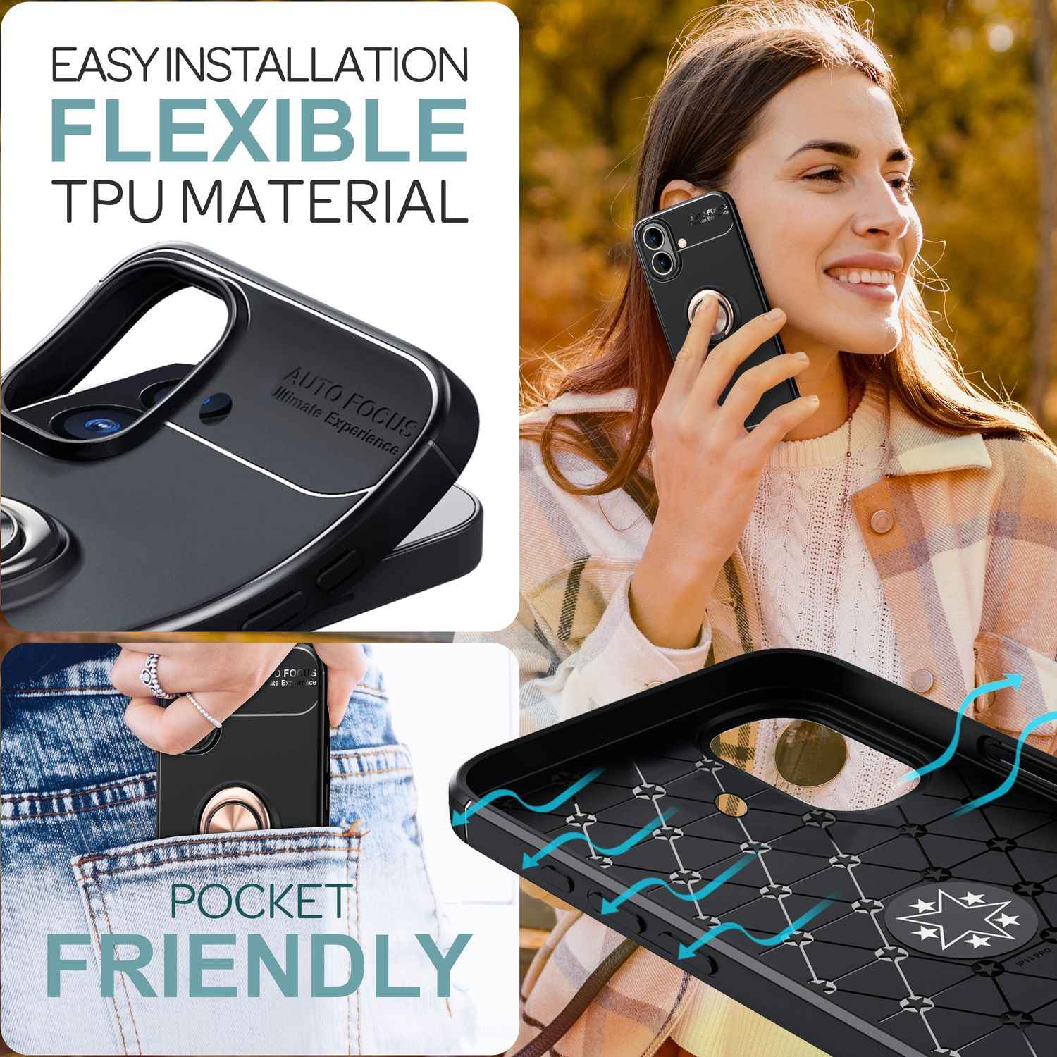 NALIA Schutzhülle mit Ring für iPhone 16 Plus, Matt-Schwarze Silikon Hülle mit 360° Finger-Halter für Ständer